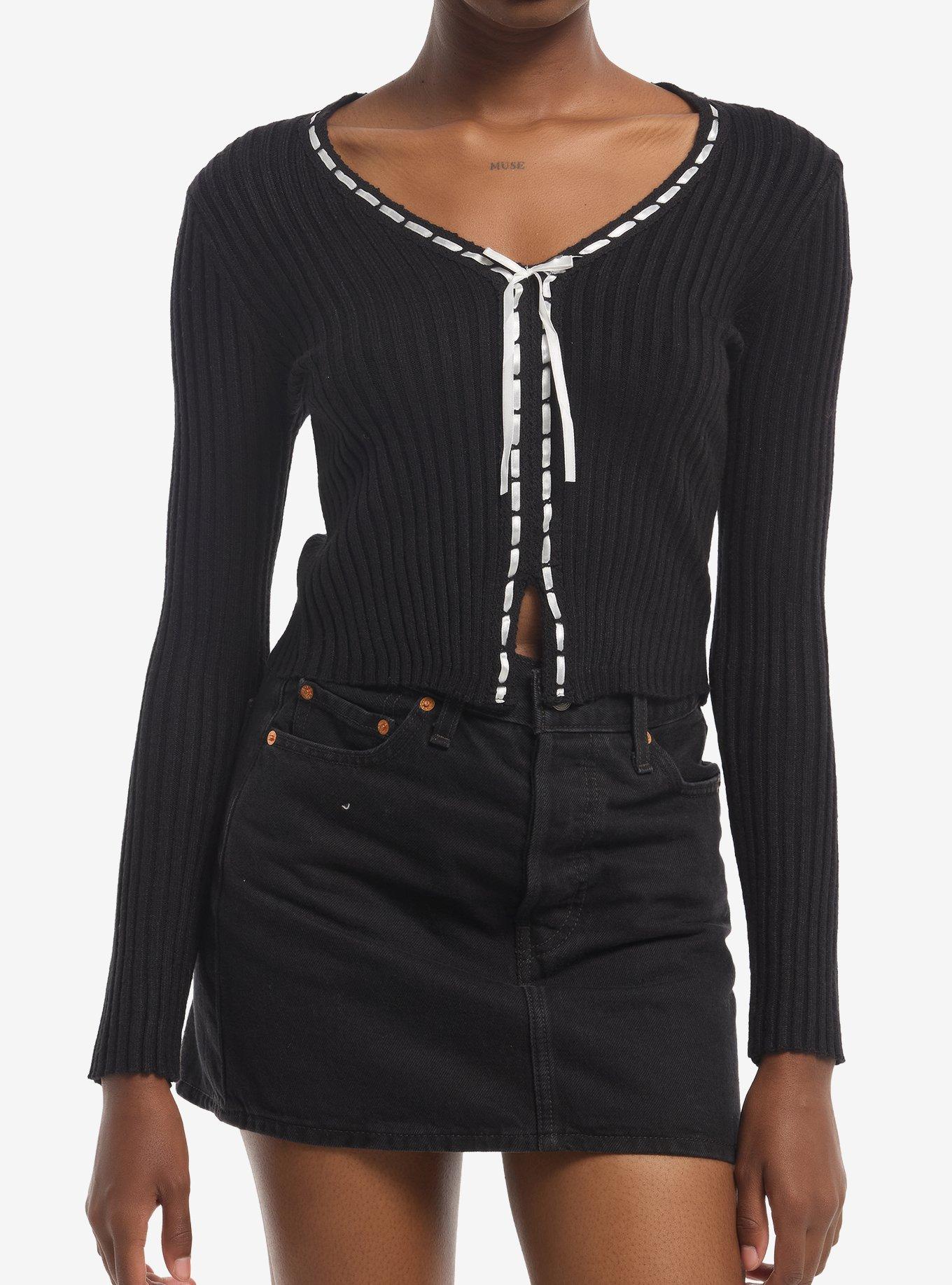 Black & White Contrast Ribbon Girls Sweater
