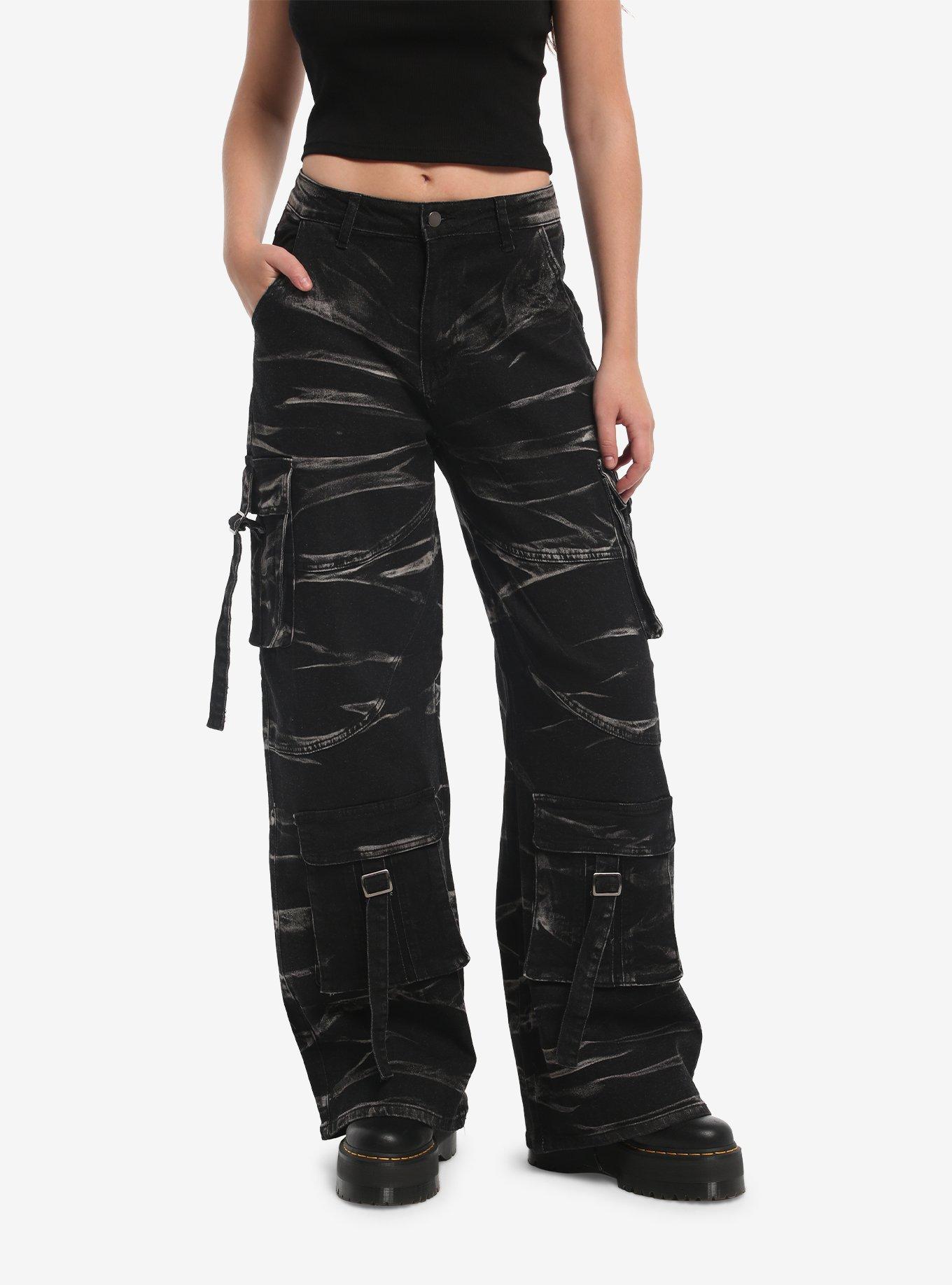 HOTTOPIC Black & White Wash Cargo Wide Leg Jeans