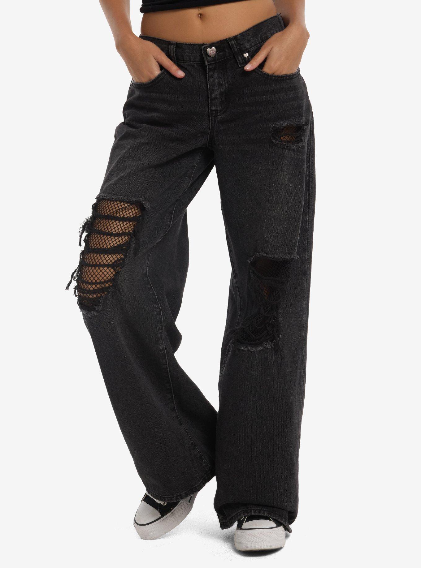 Black Fishnet Distressed Wide Leg Jeans