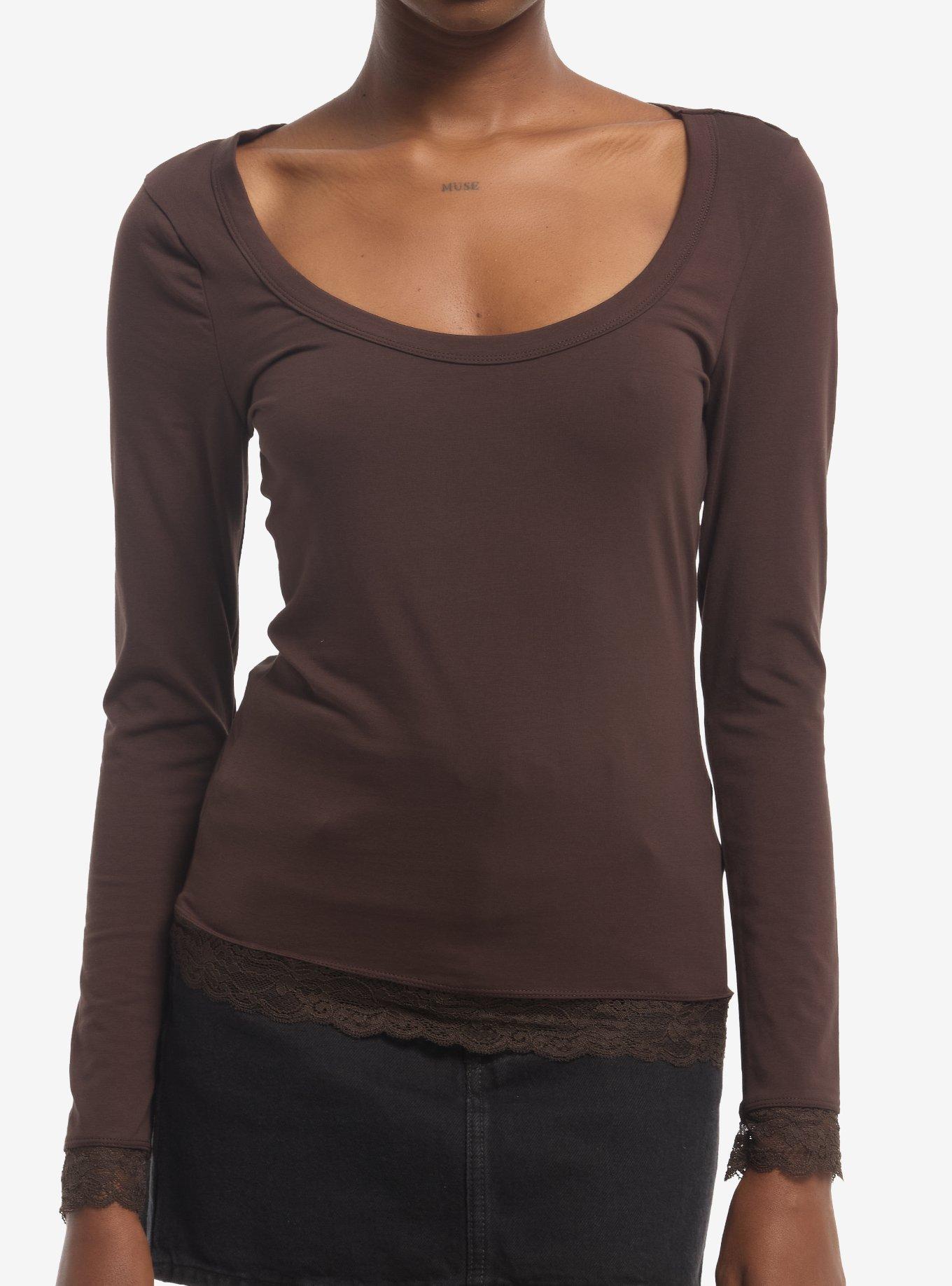 Brown Lace Hem Girls Long-Sleeve Top