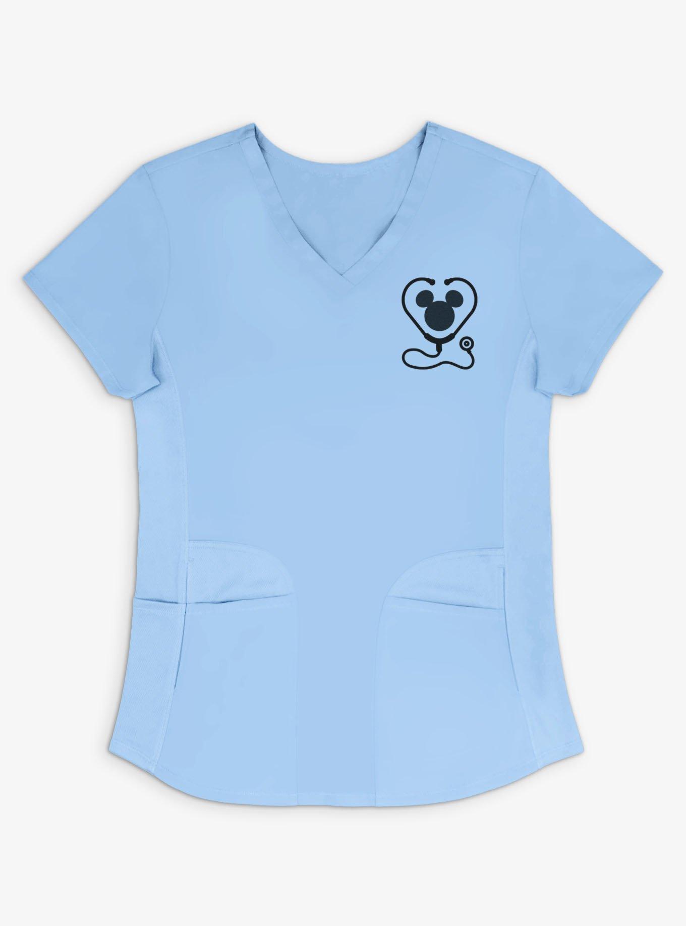 Disney Mickey Mouse Stethoscope Face Logo Womens V-Neck Scrub Top