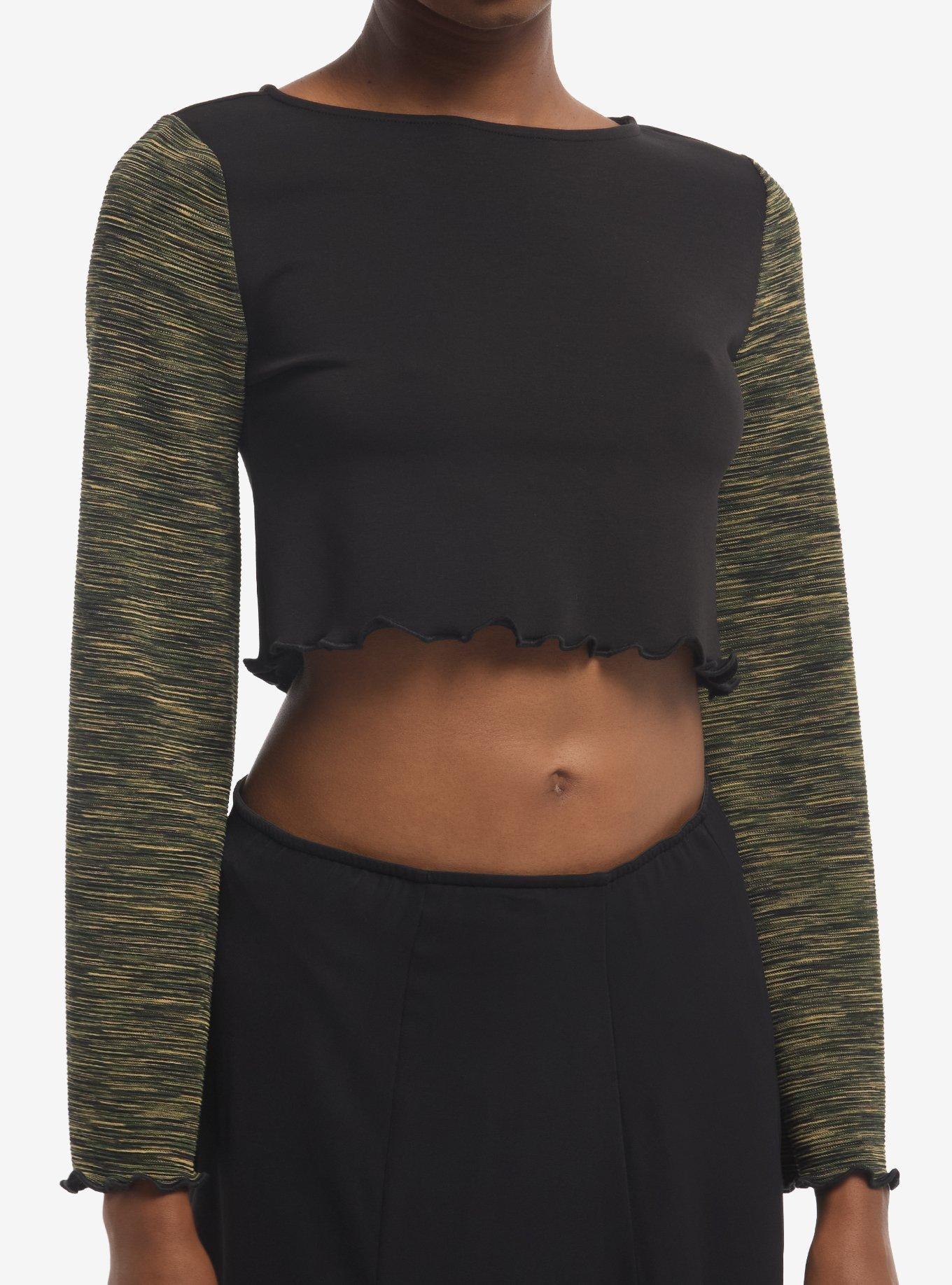 Black & Green Color-Block Girls Crop Long-Sleeve Top