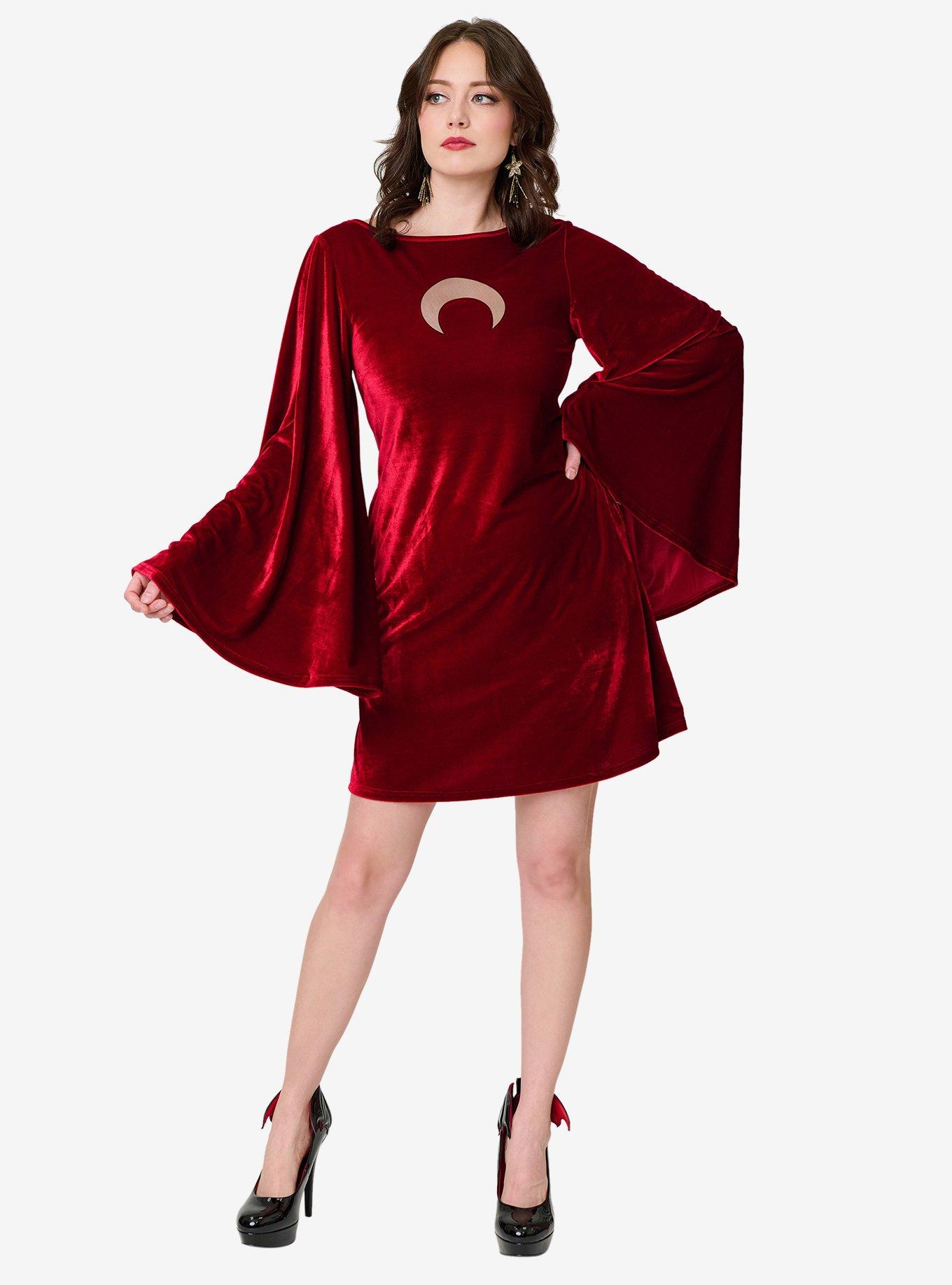 UNIQUEVINTAGE Smak Parlour Burgundy Velvet Moon Cutout Downtown Scene Mini Dress