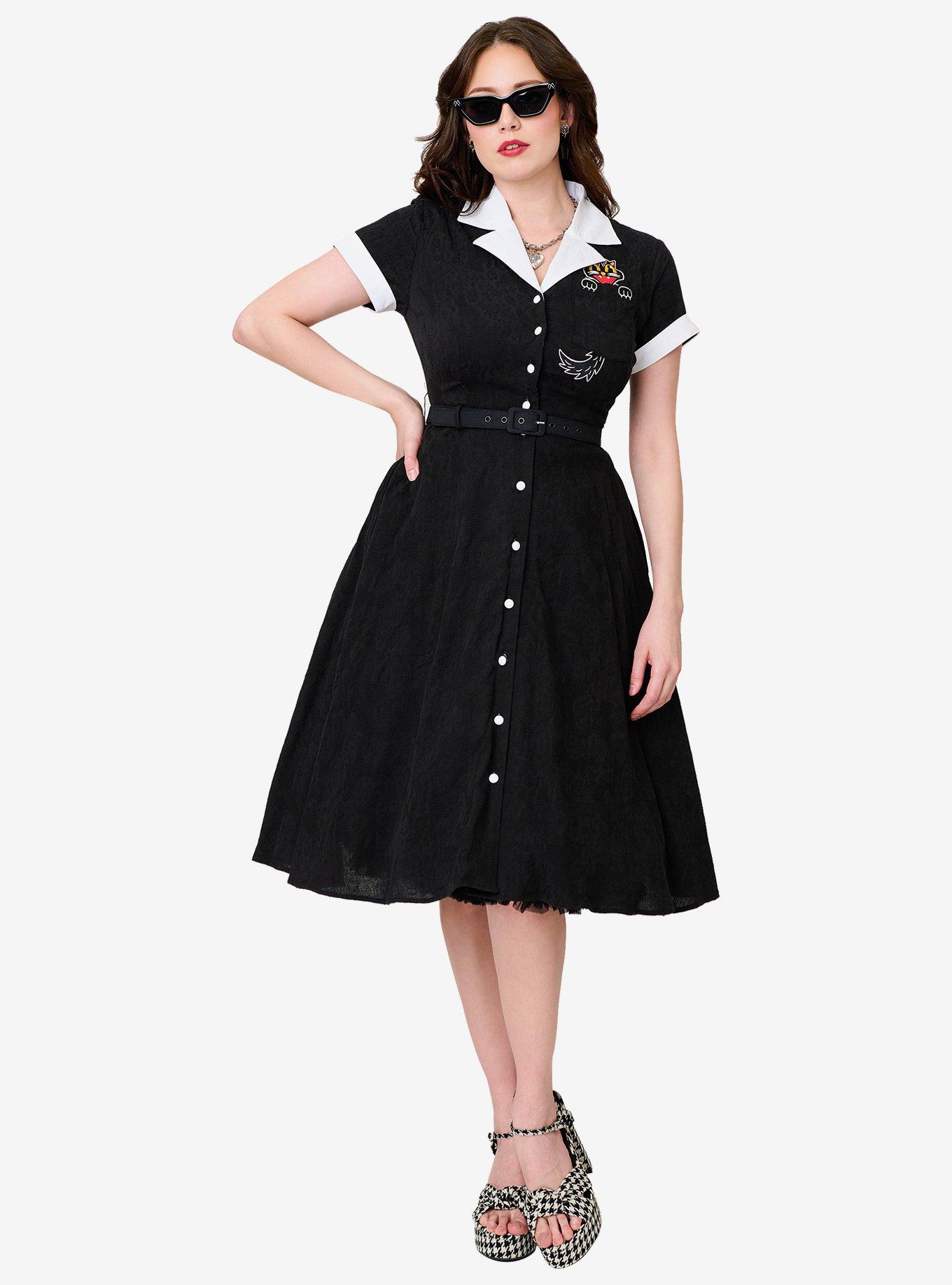 UNIQUEVINTAGE Unique Vintage Black Cat Embroidered Alexis Swing Dress