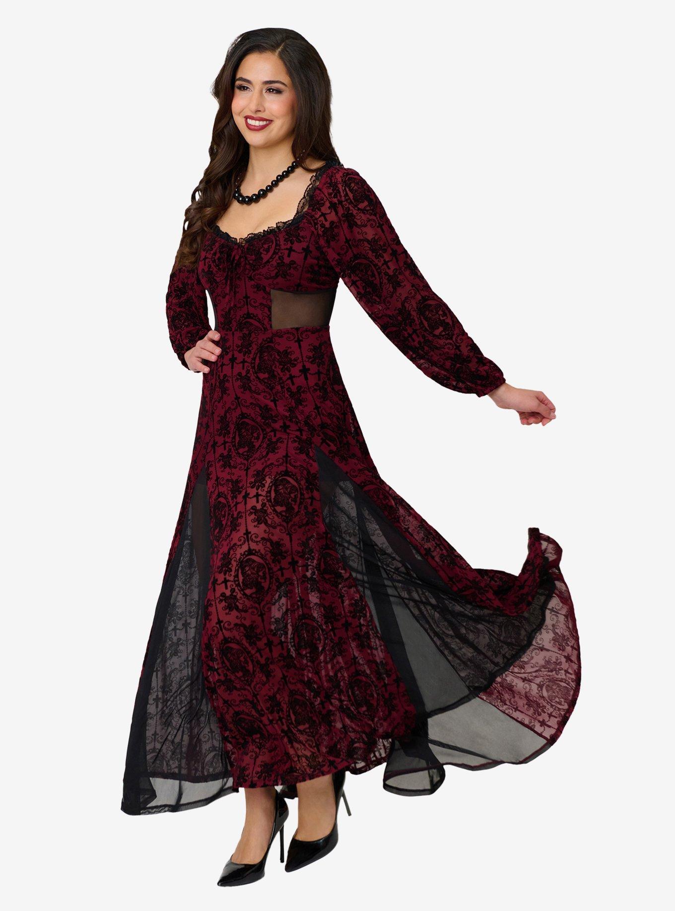 Unique Vintage Burgundy Flocked Godet Maxi Dress | Hot Topic