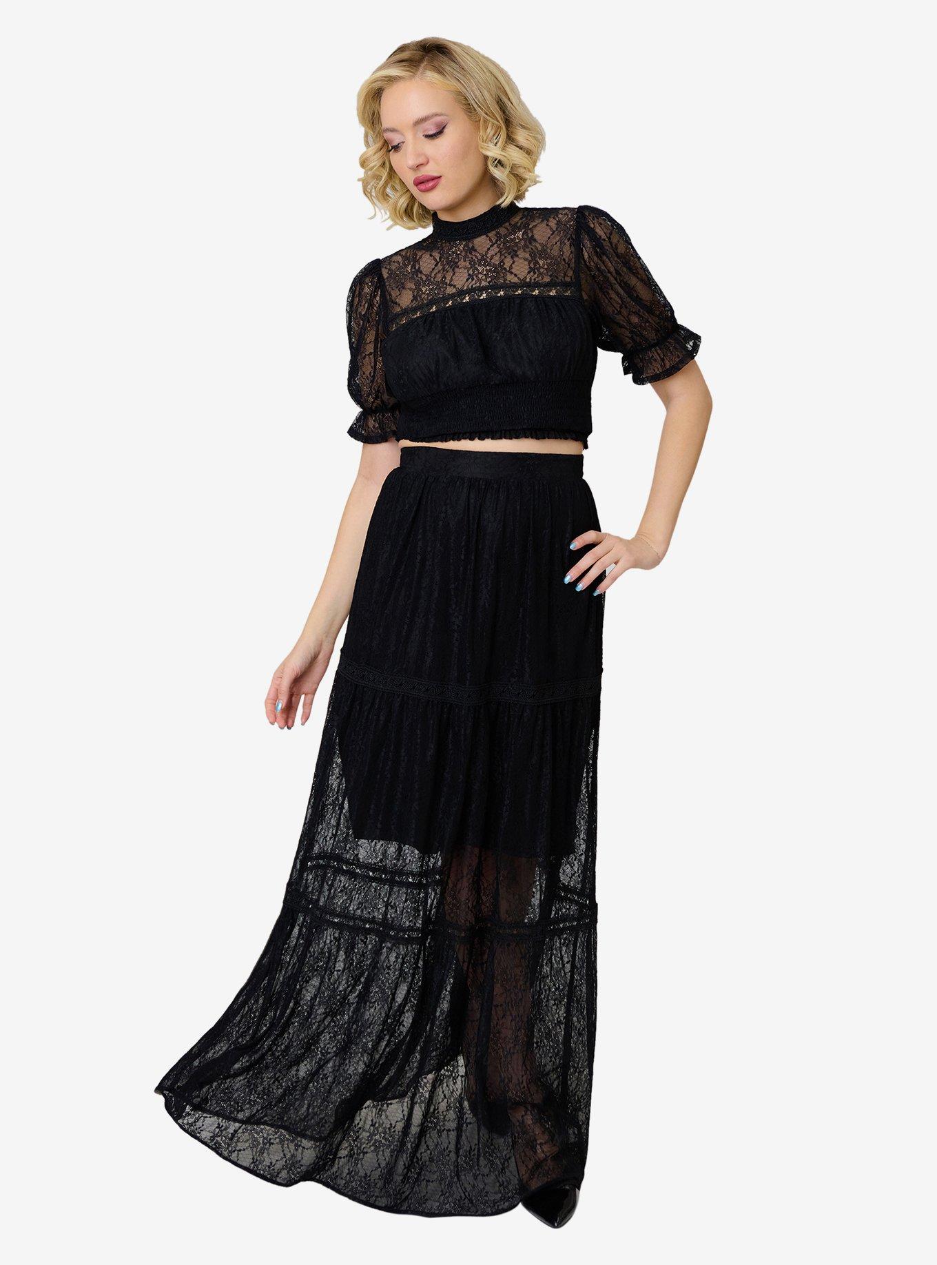 UNIQUEVINTAGE Unique Vintage Black Lace Tiered Maxi Skirt