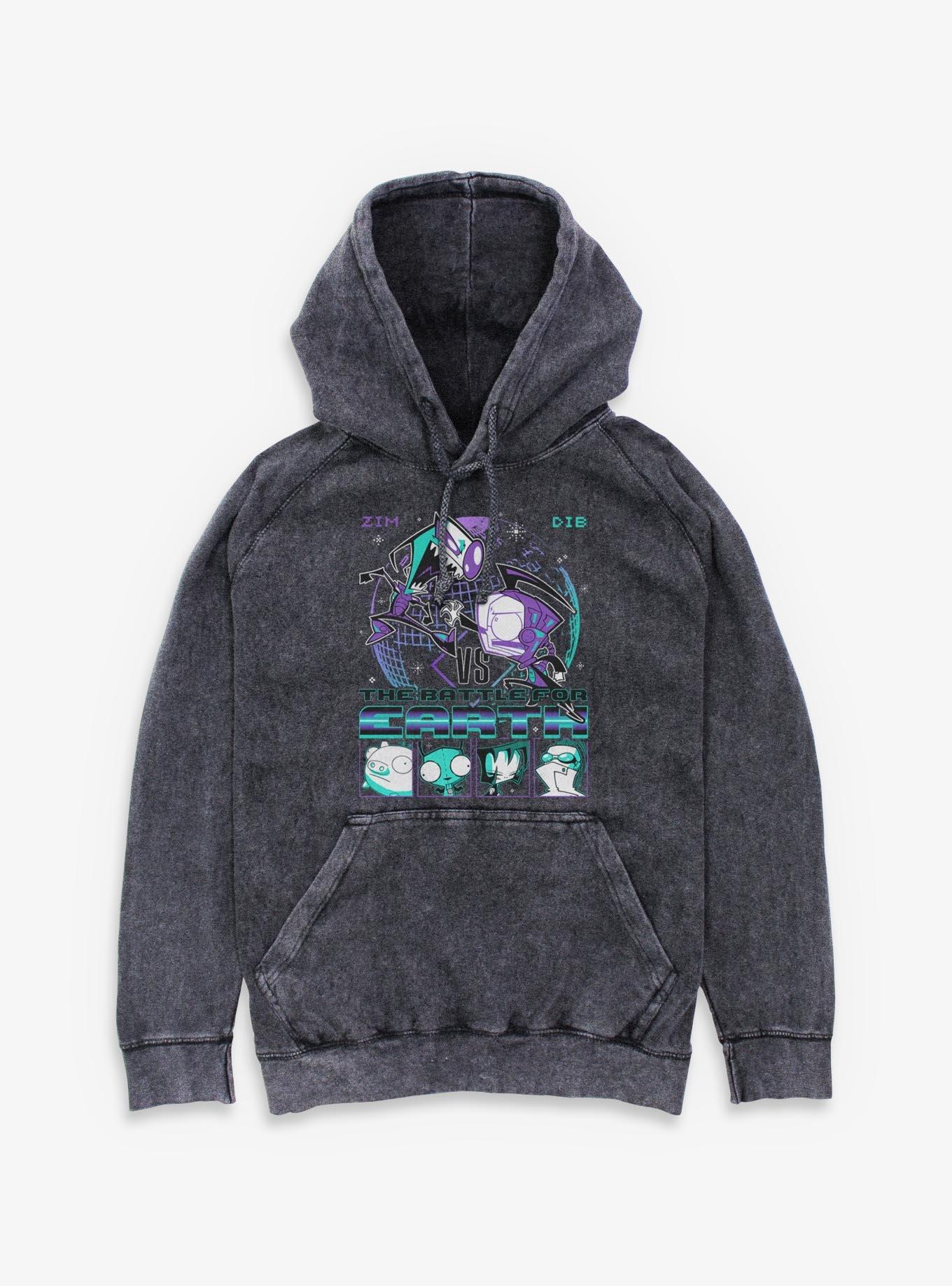 Invader ZIM Vs Dib Battle Mineral Wash Hoodie Hot Topic Exclusive, BLACK, hi-res view 1