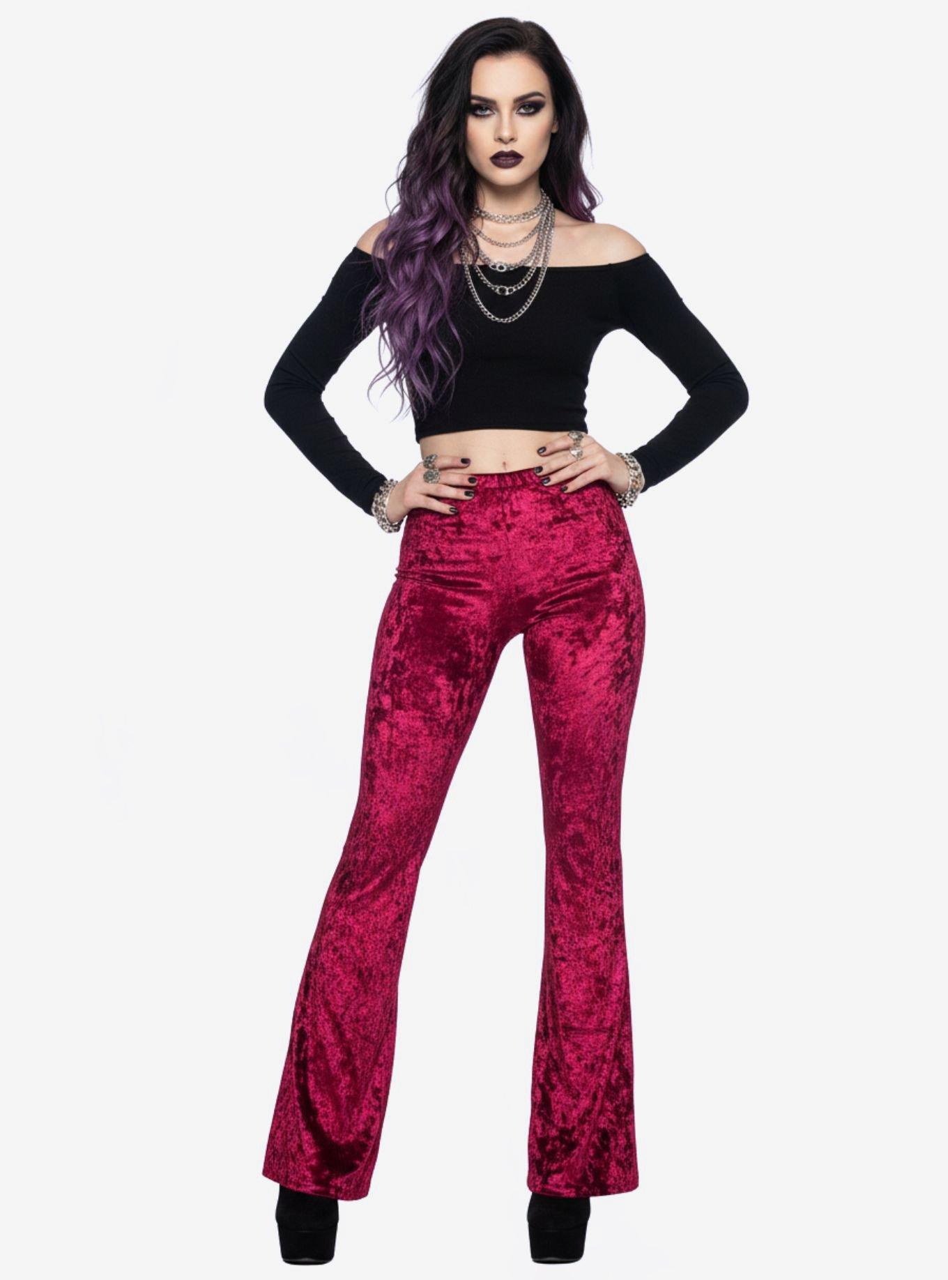Burgundy Crushed Velvet Bell Bottoms High Waisted Flare Pants