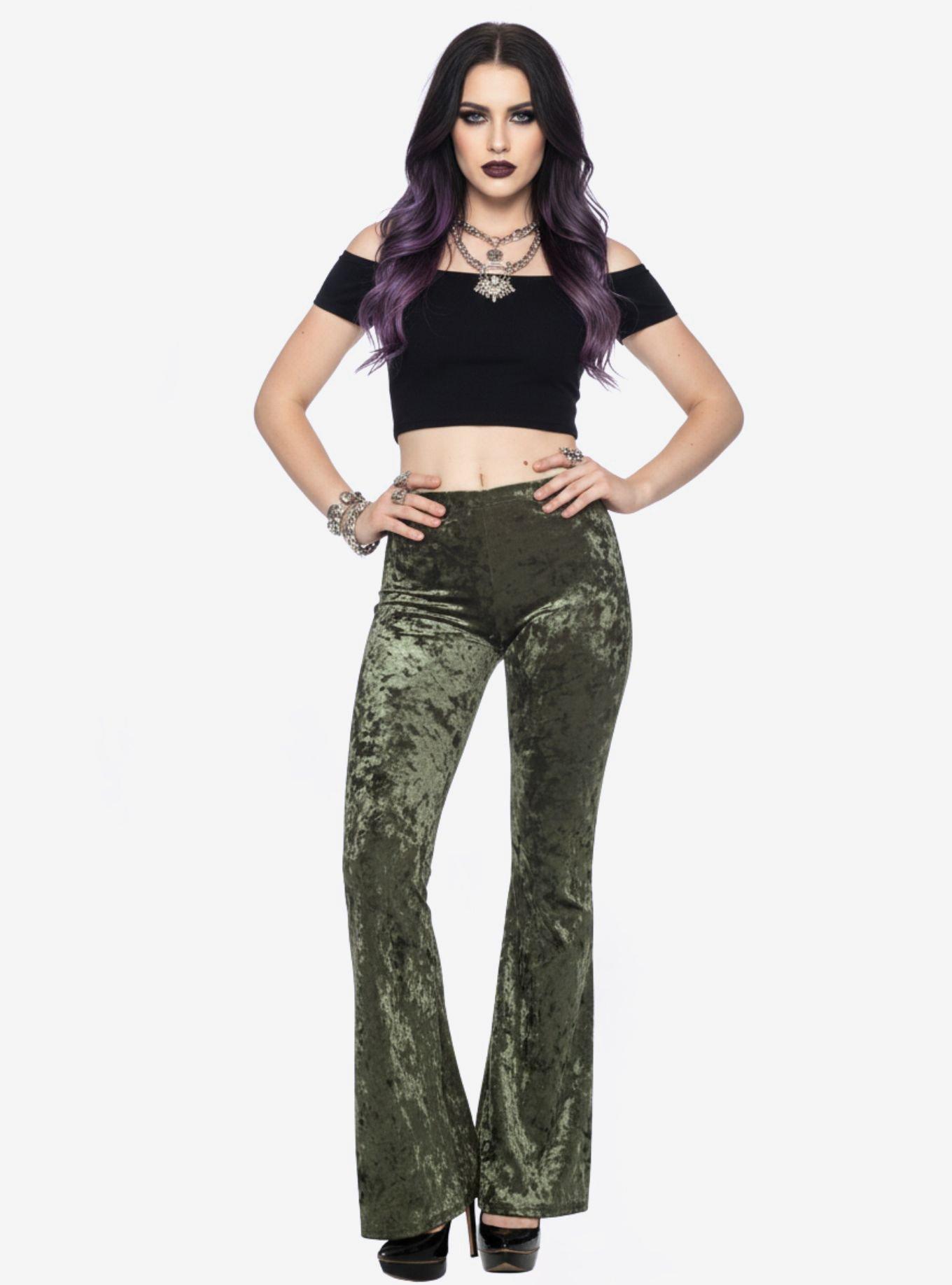 Olive Green Crushed Velvet Bell Bottoms High Waisted Flare Pants