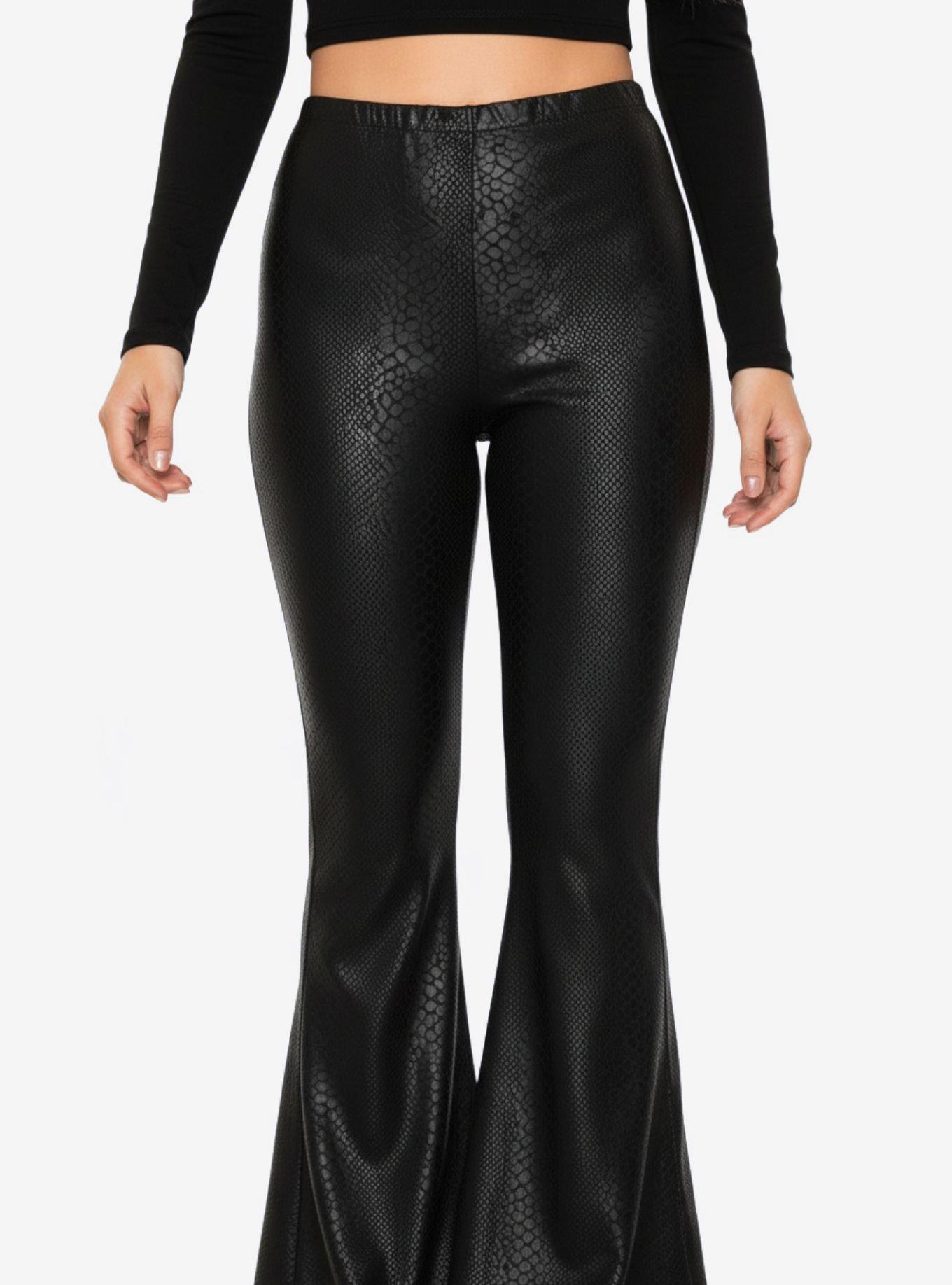 Black Snakeskin Faux Leather Bell Bottoms High Waisted Flare Pants