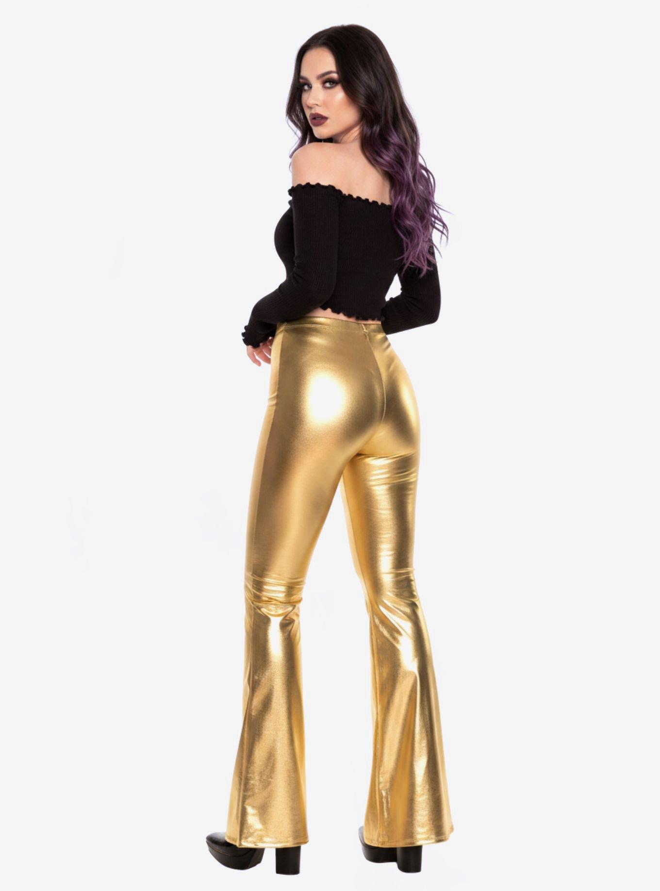 Gold Metallic Faux Leather Bell Bottoms Disco High Waisted Flare Pants