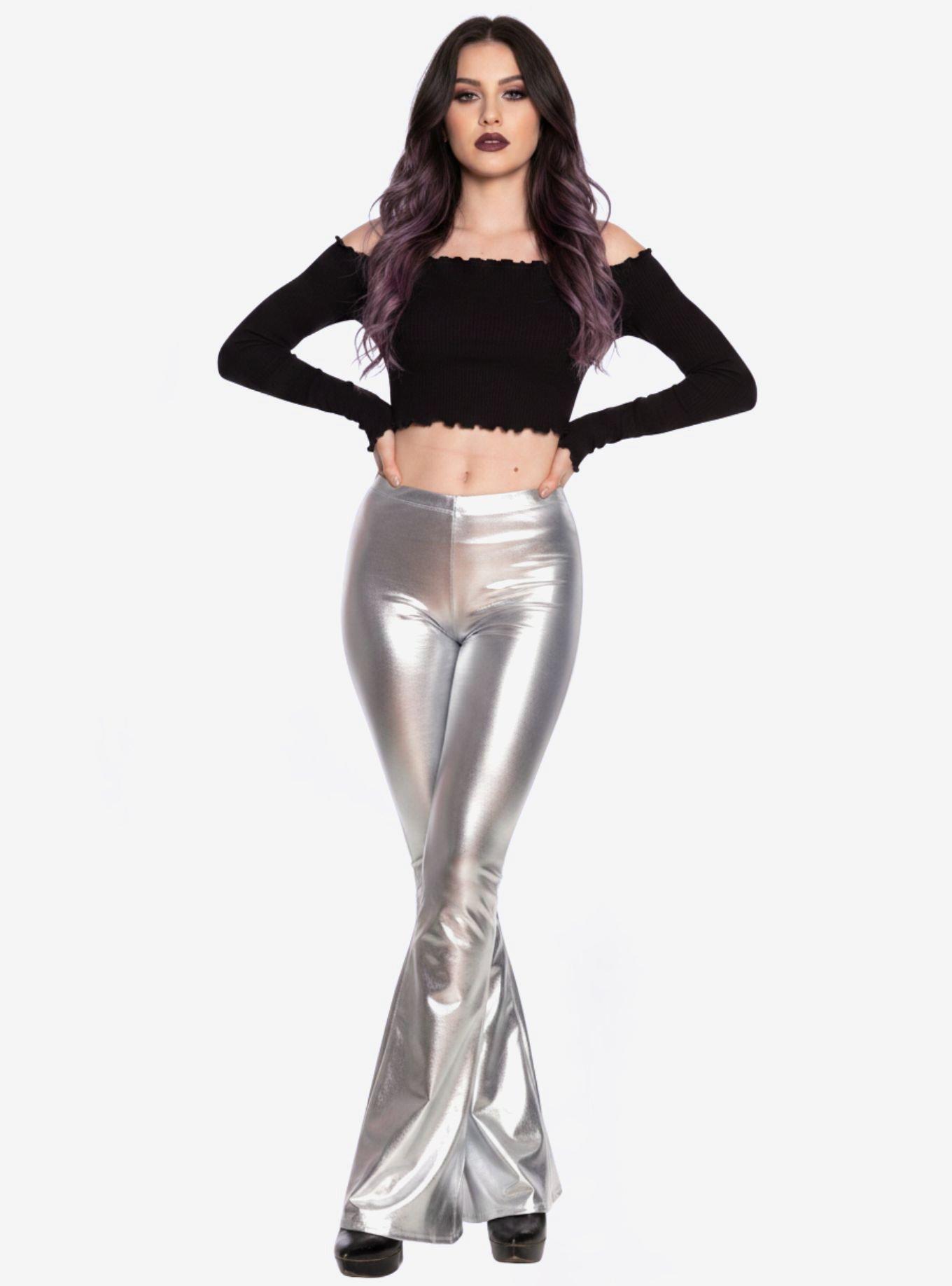Silver Metallic Faux Leather Bell Bottoms Disco High Waisted Flare Pants