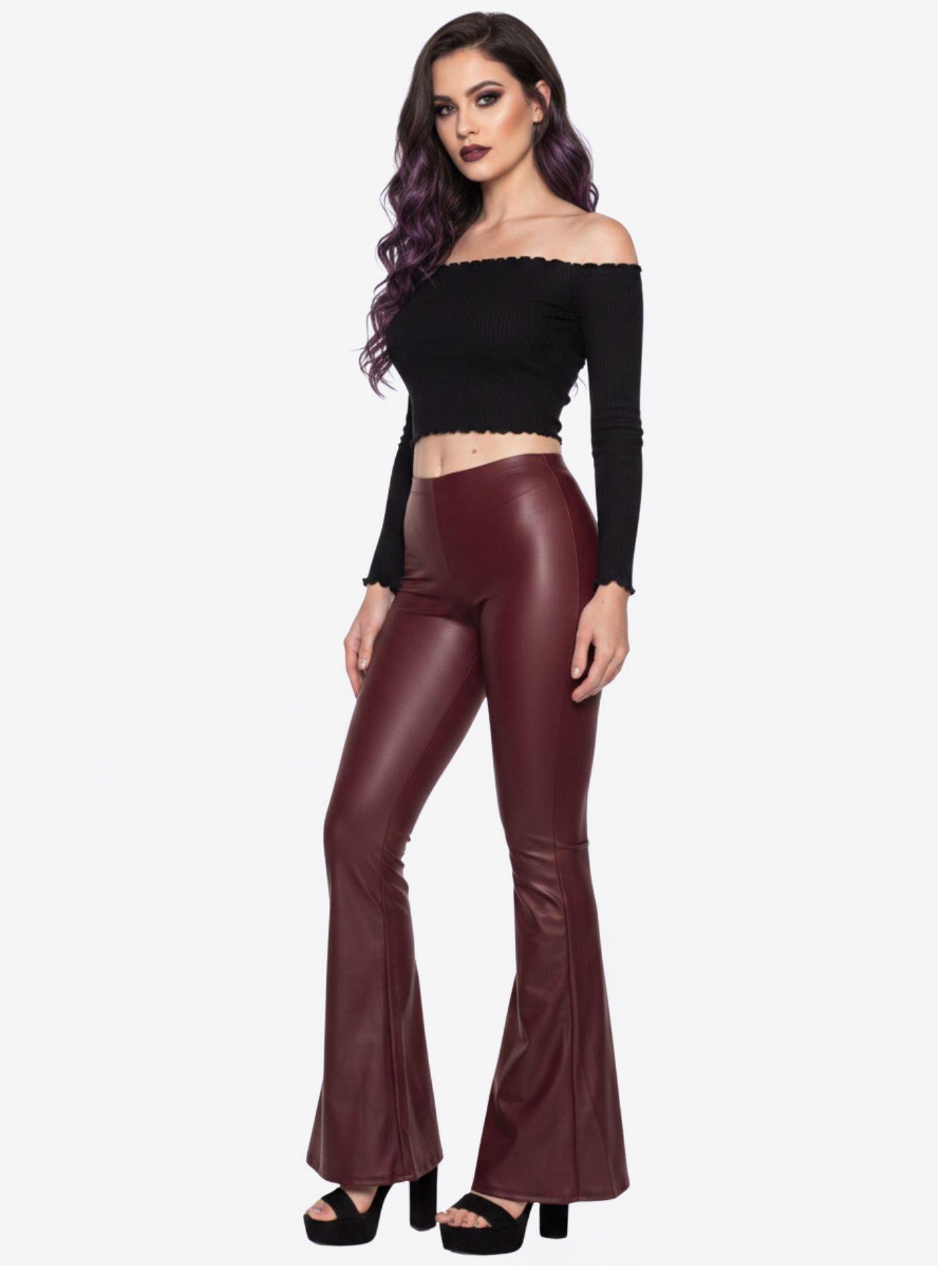 Burgundy Faux Leather Bell Bottoms High Waisted Flare Pants