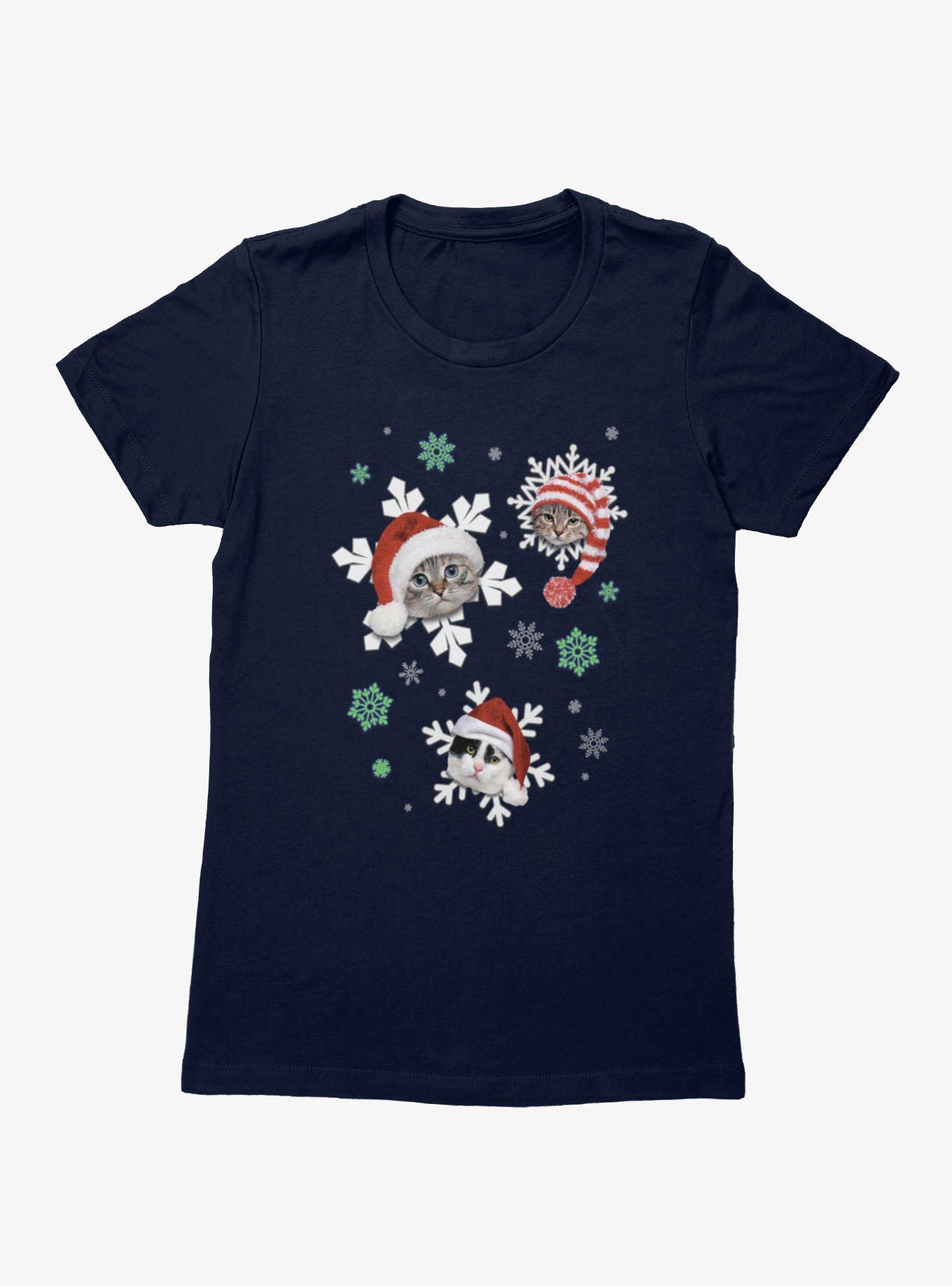 Cats Santa Hats Snowflakes Womens T-Shirt