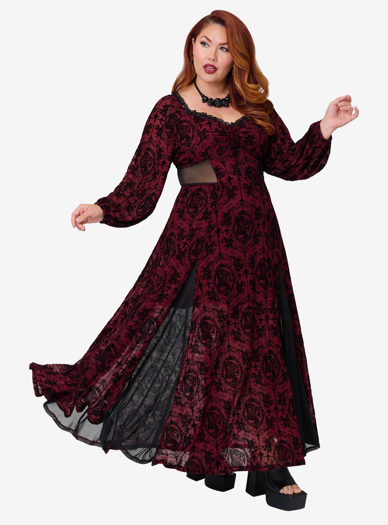 Unique Vintage Plus Size Burgundy Flocked Godet Maxi Dress | BoxLunch