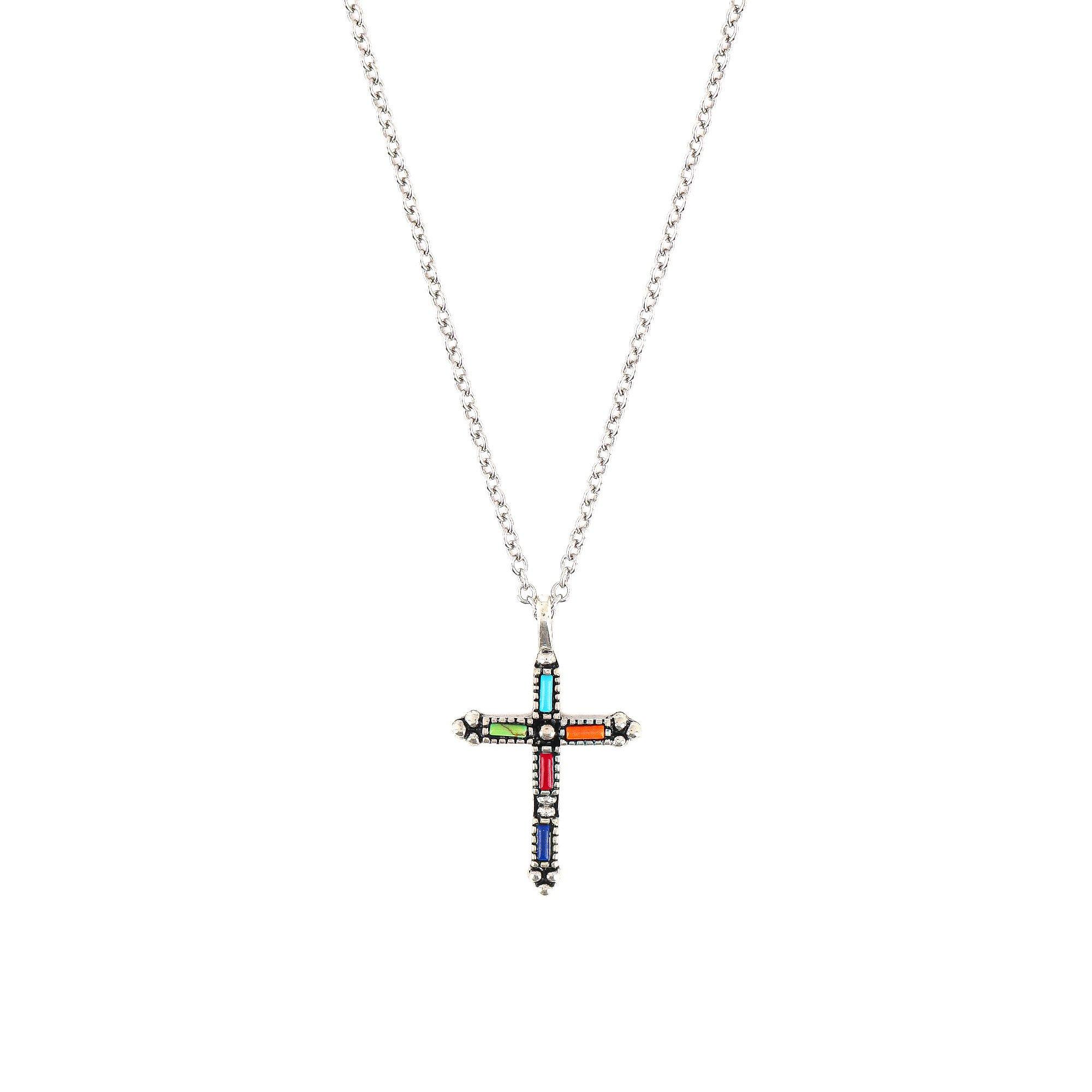 Sterling Silver Cross with Gemstones Pendant Necklace, 18