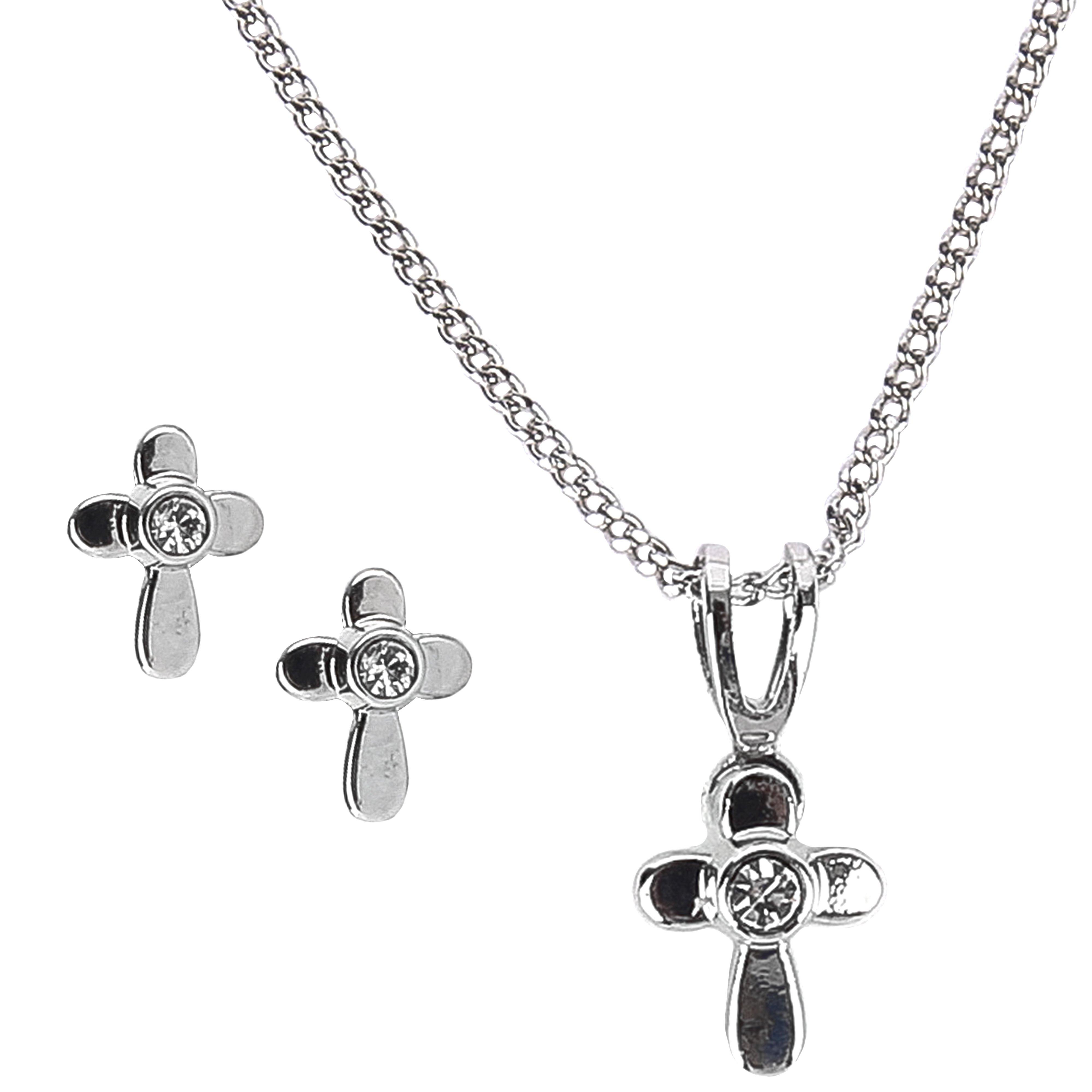 Silver-Plated Cubic Zirconia Cross Necklace Earring Set,