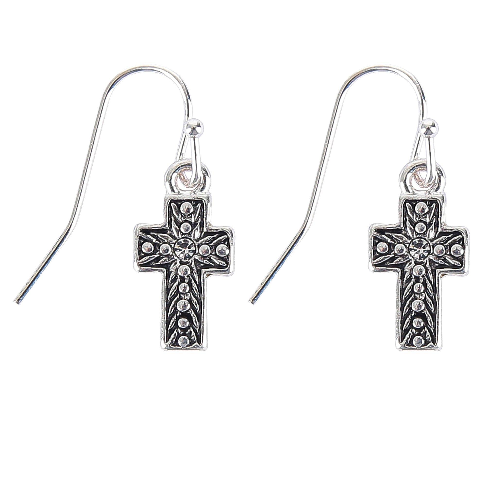Ear Sense Antique Silver Cross Dangle Earrings, inches