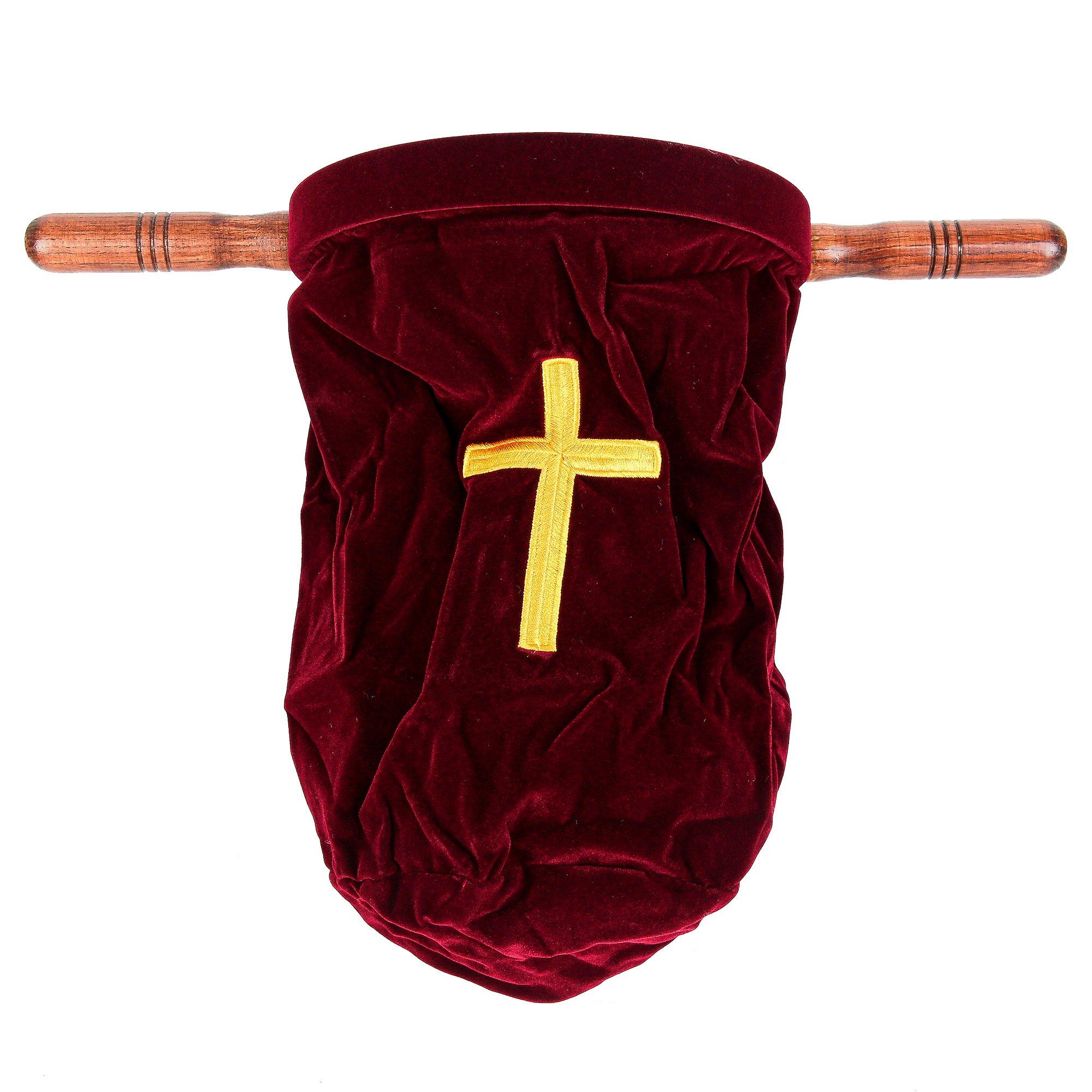 Velvet Offering Bag with Cross & Wood Handles, Burgundy
