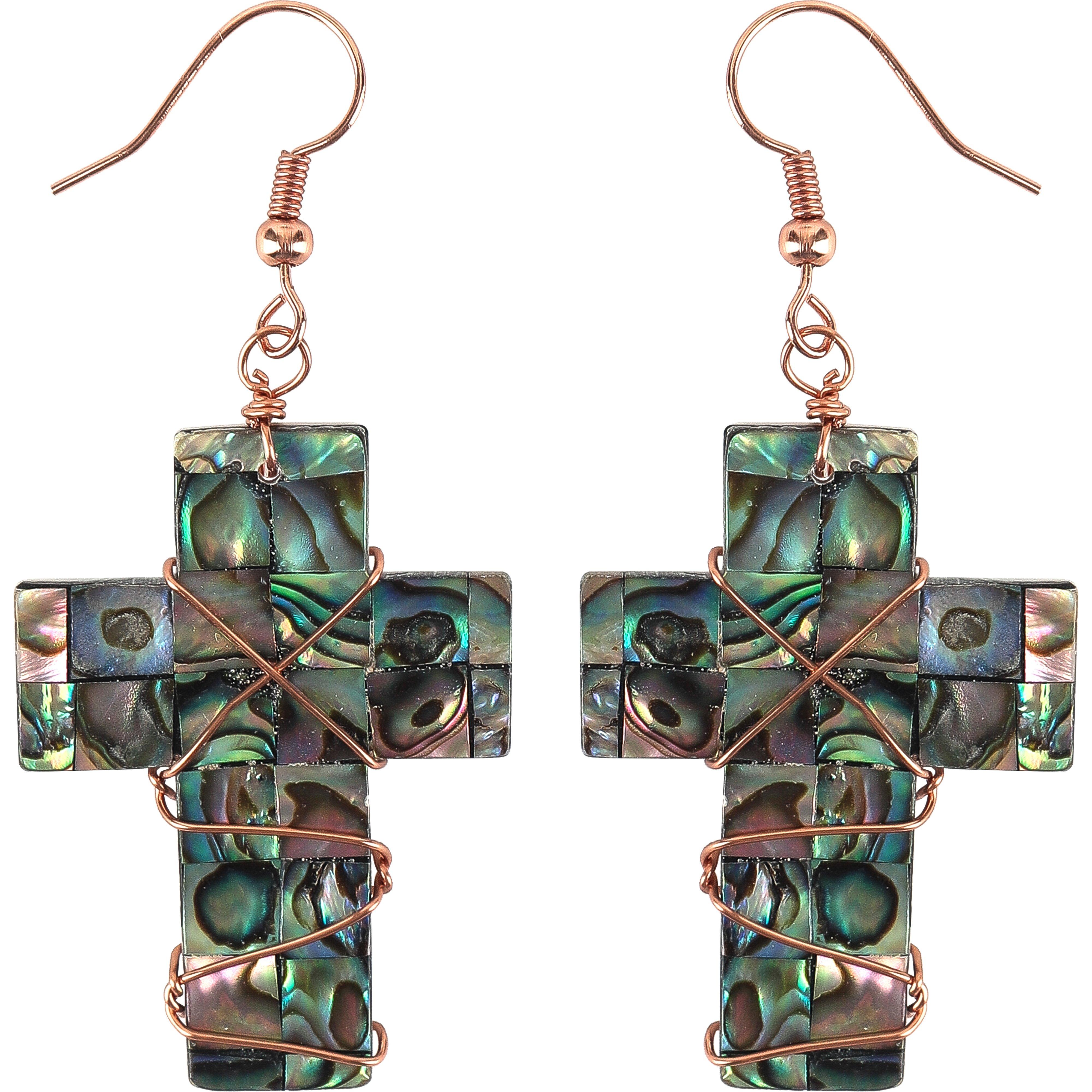 Heartbound, Abalone Cross with Copper Wire Wrap Dangle