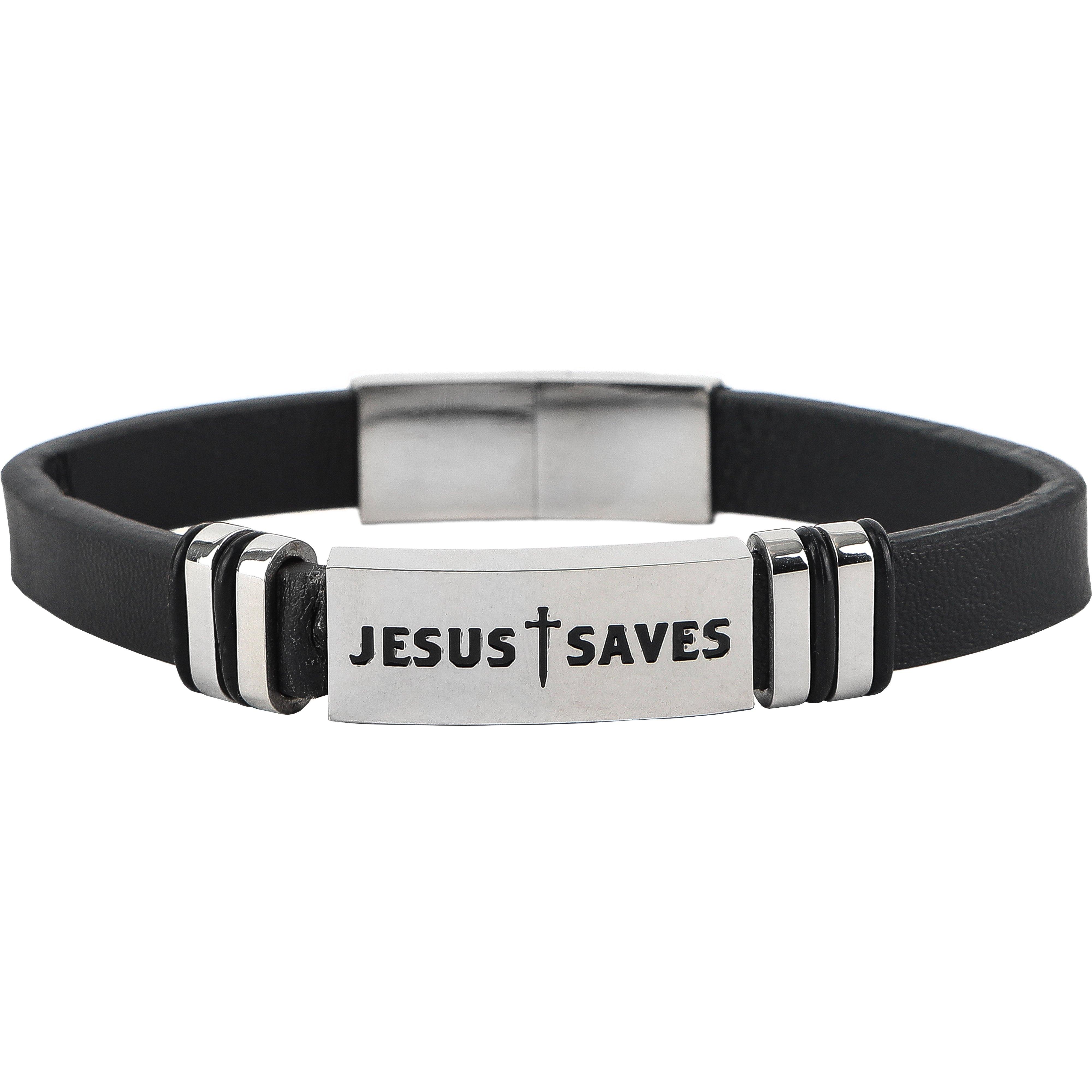 Kerusso, Jesus Saves Stainless Steel Leather Men's Bracelet
