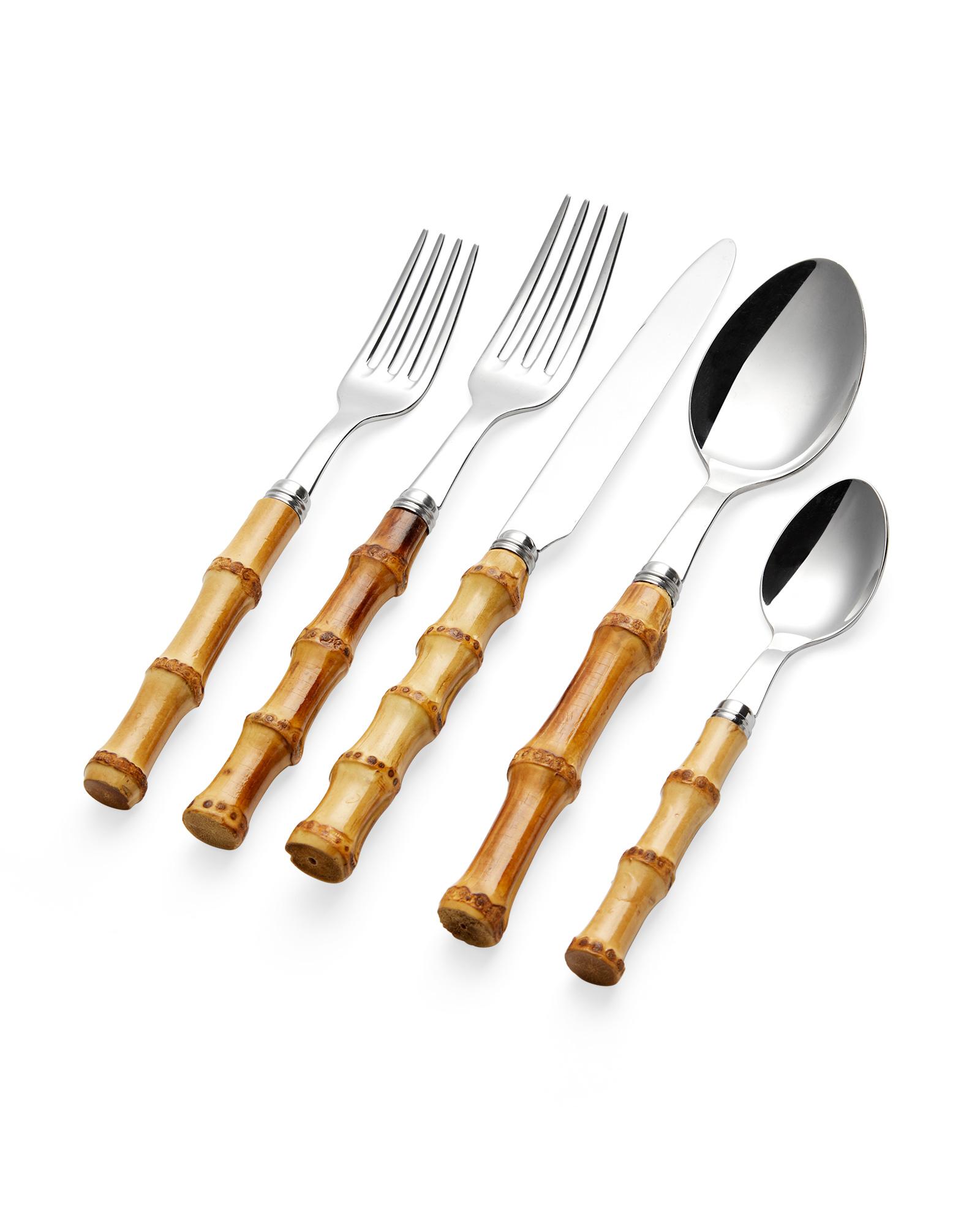 Bamboo Holder with 5 Piece Premium Bamboo Kitchen Serving Utensil Set  (Striped Pattern)