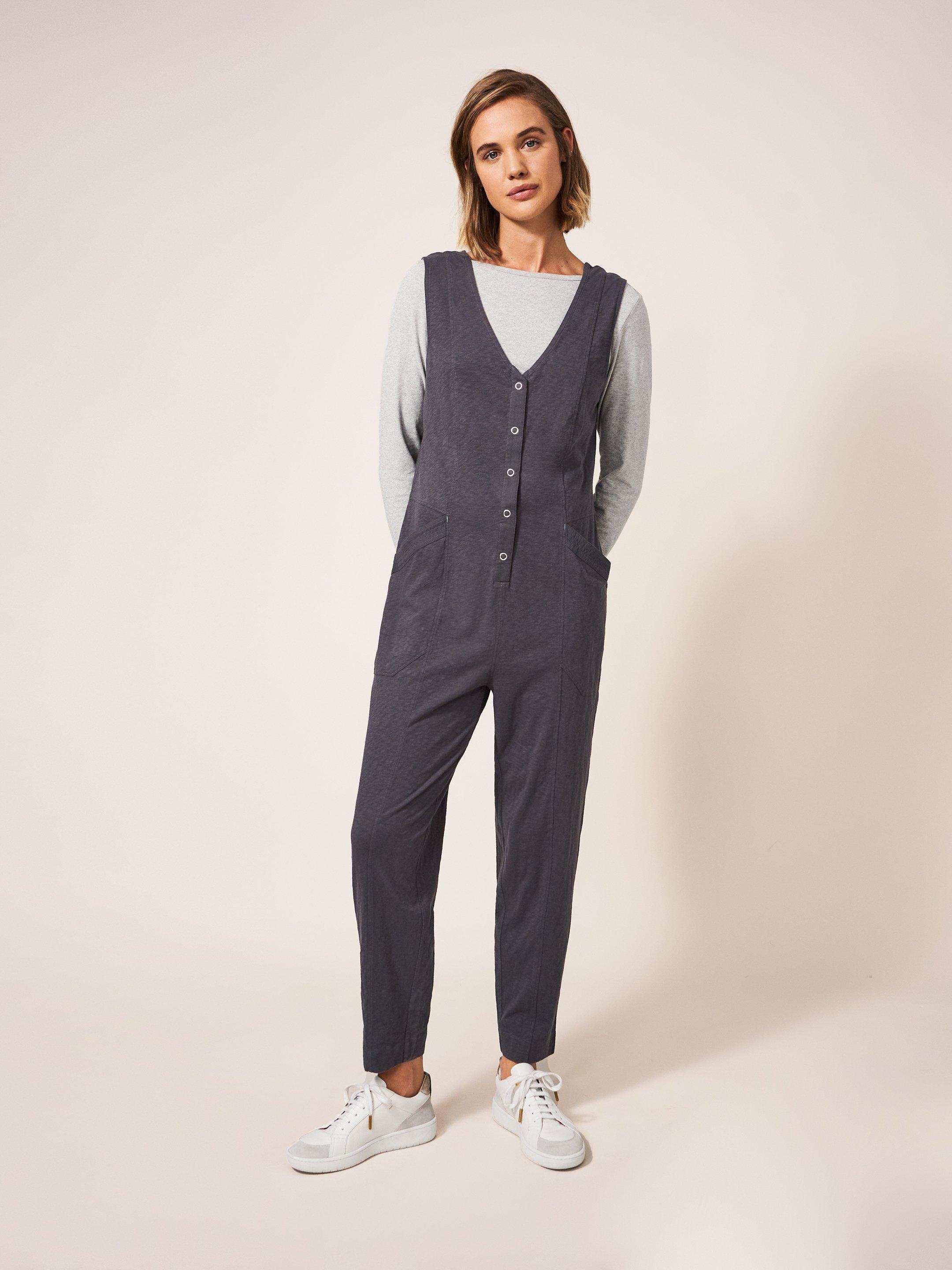 Debbie Jersey Dungaree in MID DENIM