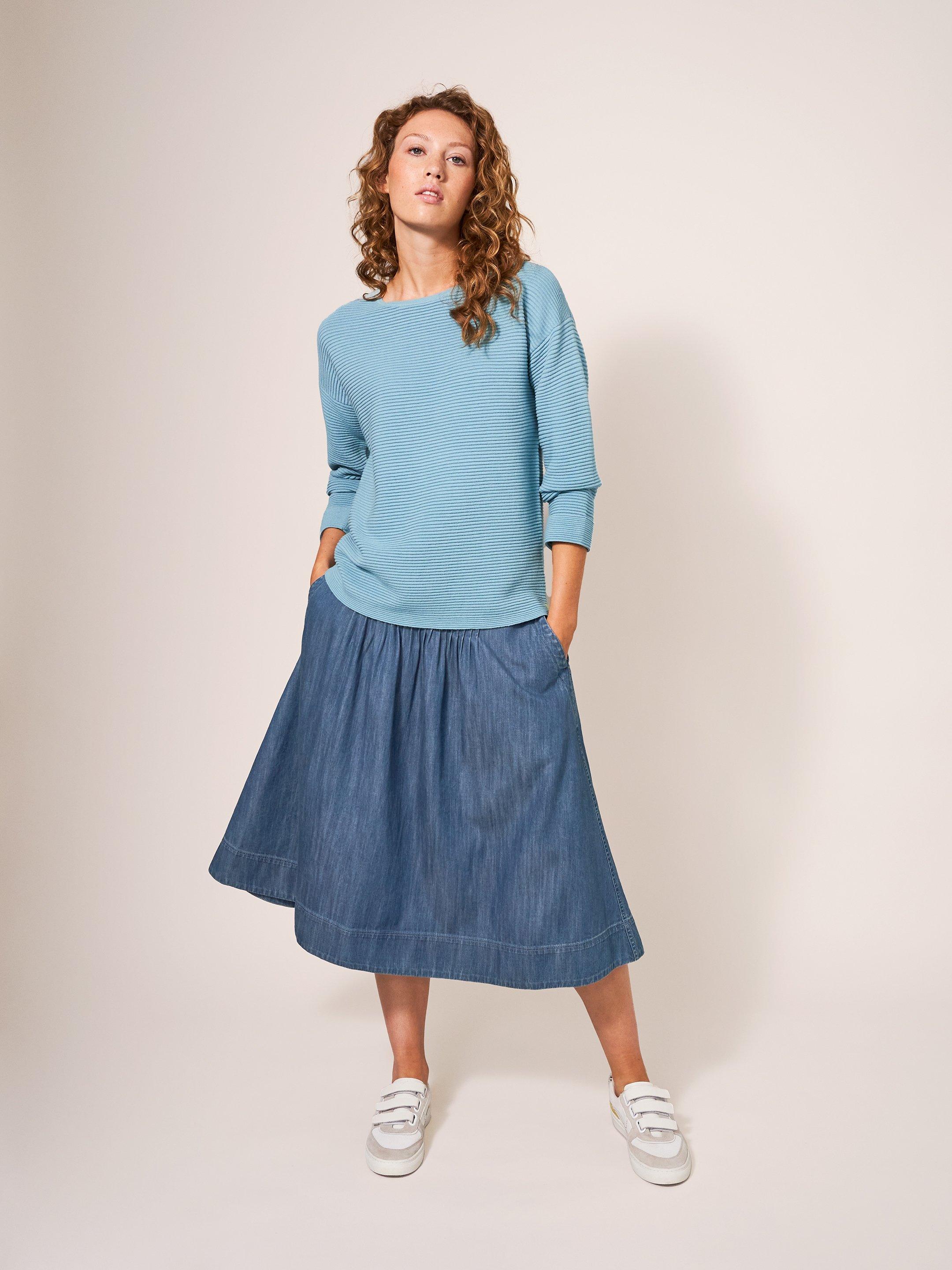 Mid length women's denim hot sale skirts