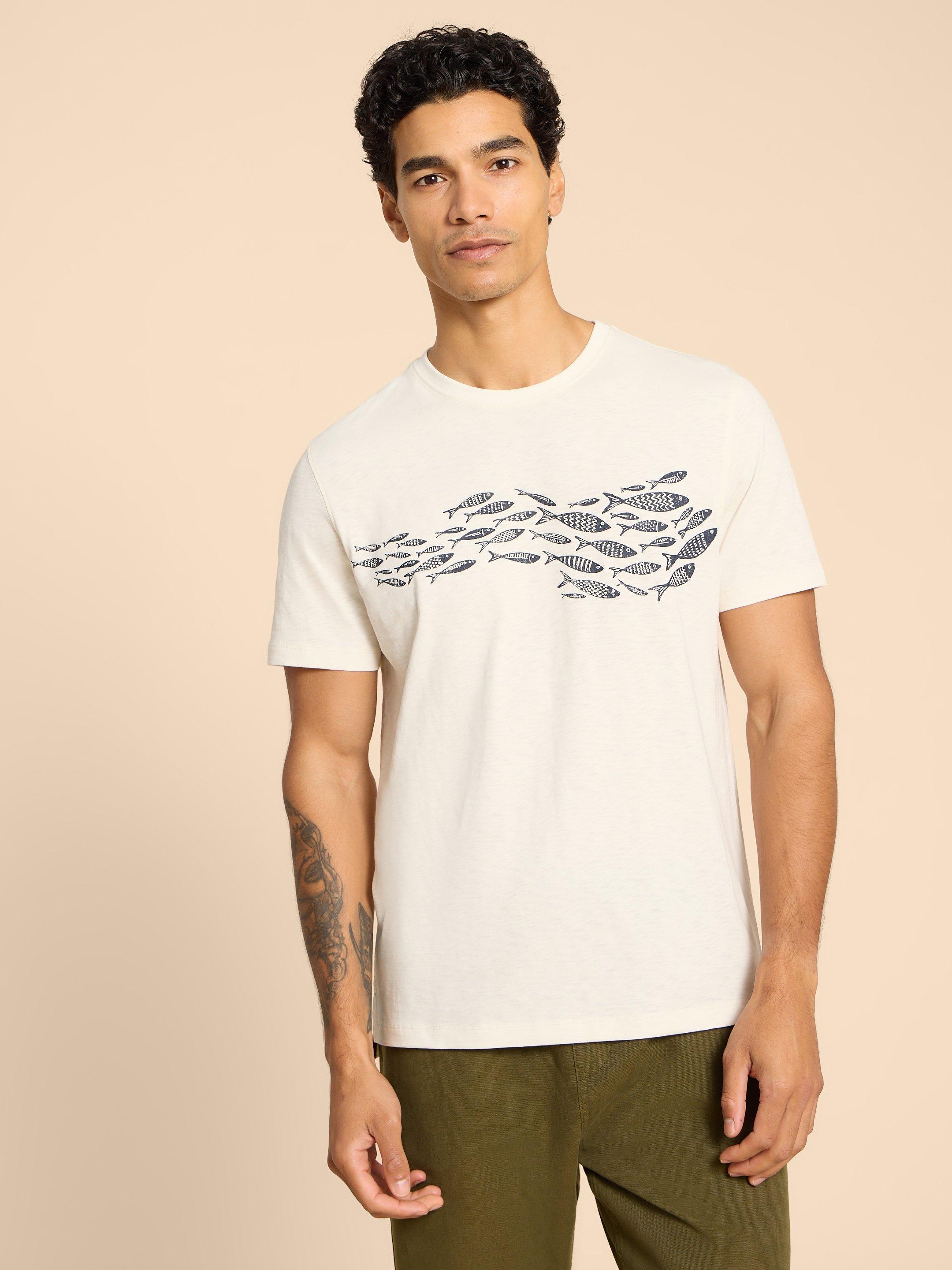 White Stuff Mens Pattern Fish Graphic T-Shirt Mid Teal Size M