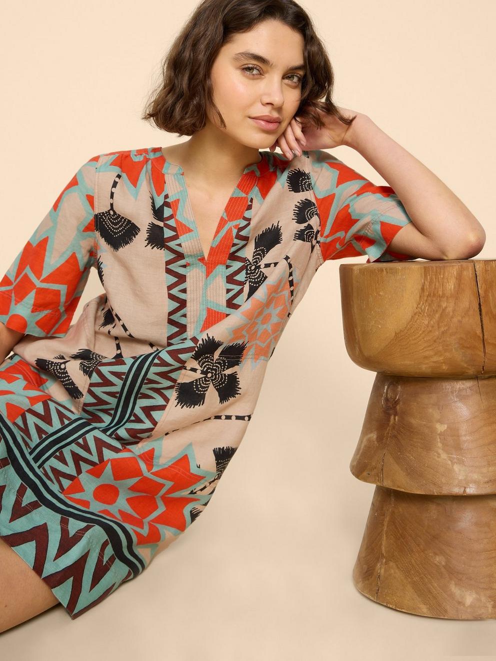 June Linen Printed Notch Neck Dress