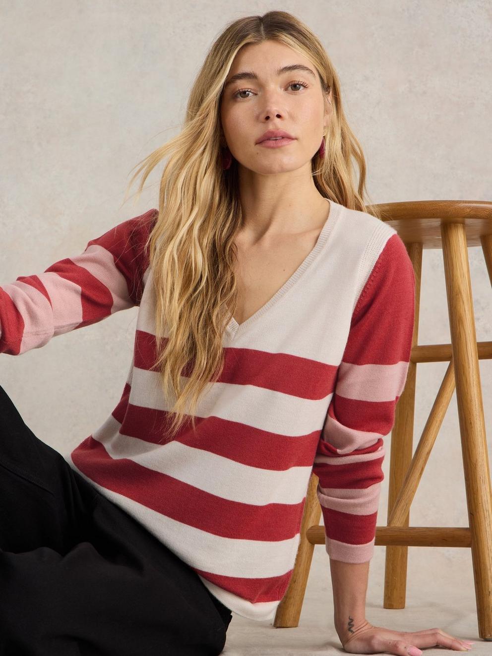 STRIPE V NECK MERINO WOOL JUMPER
