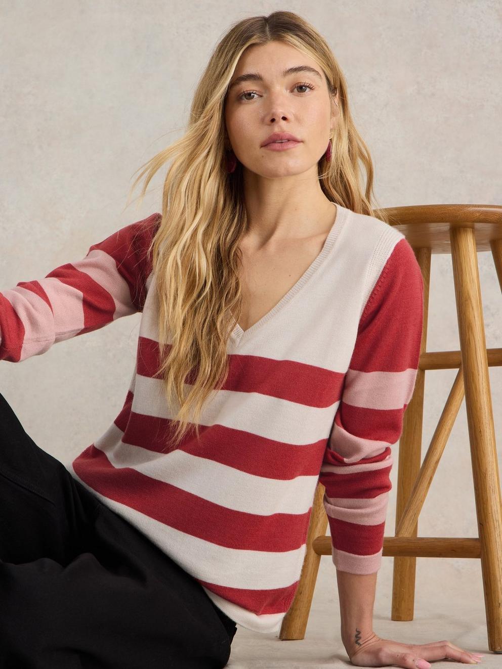 STRIPE V NECK MERINO JUMPER