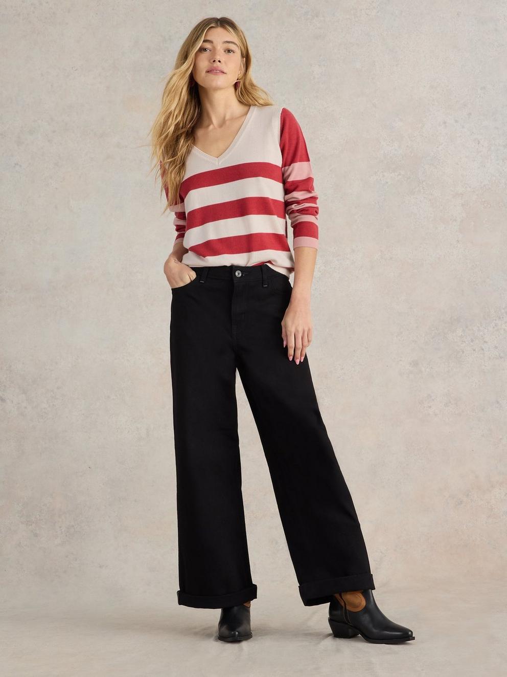 STRIPE V NECK MERINO WOOL JUMPER