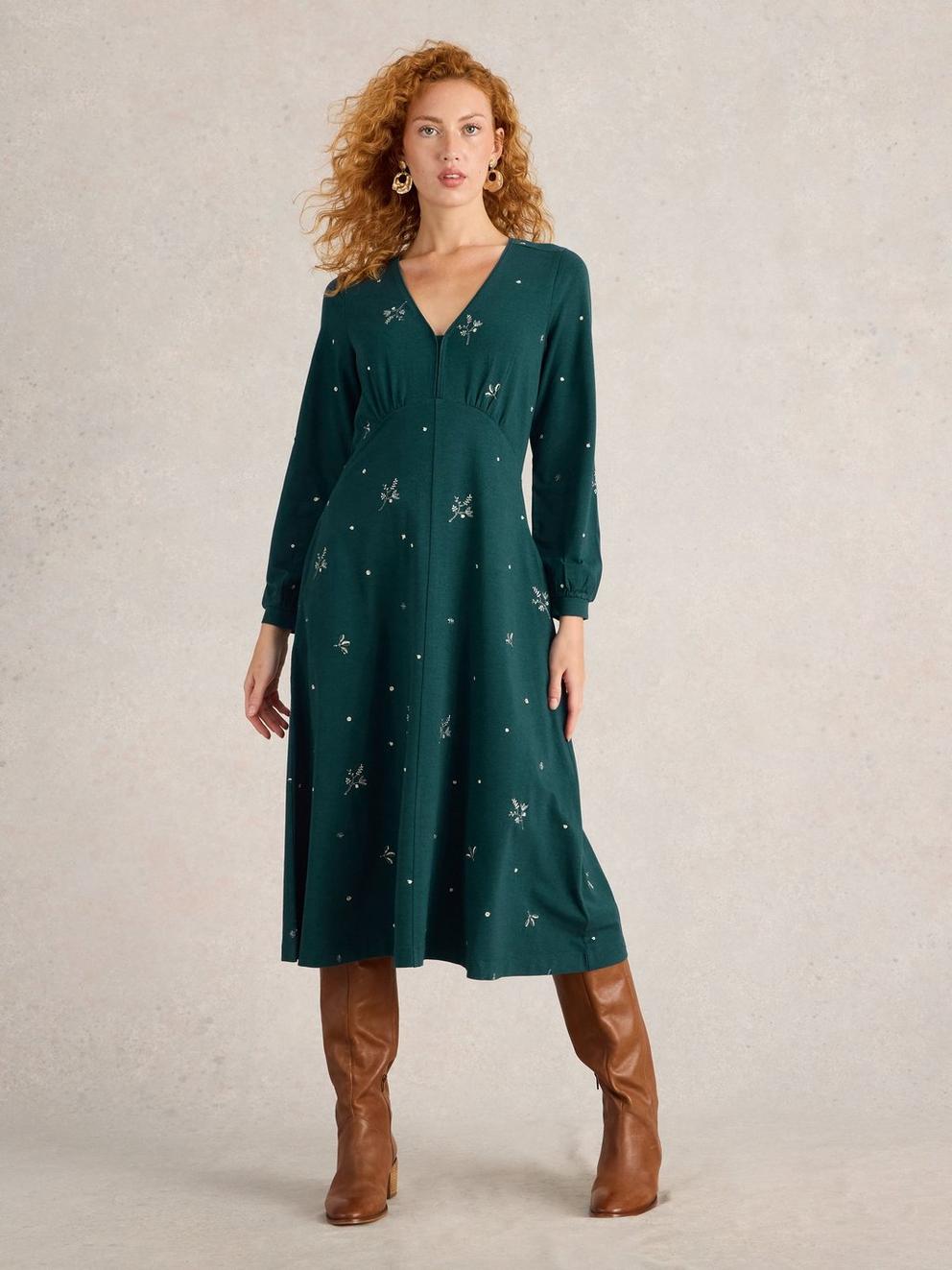 Megan Embroidered Midi Jersey Dress