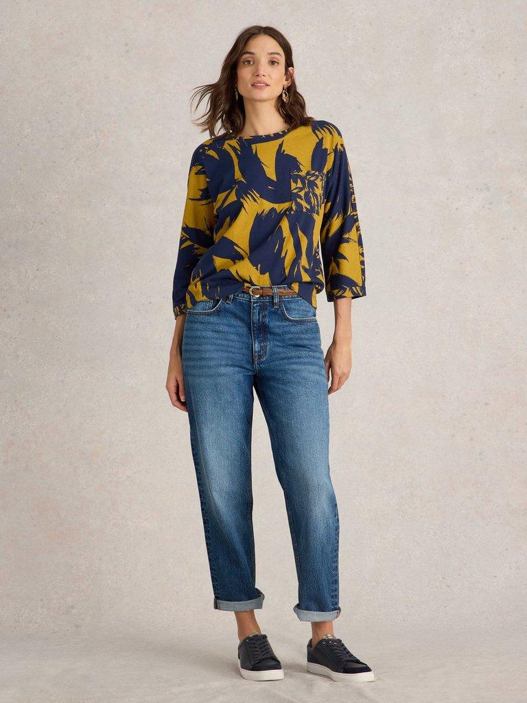 Elisa Mid Sleeve V Neck Top in CHARTREUSE MULTI | White Stuff