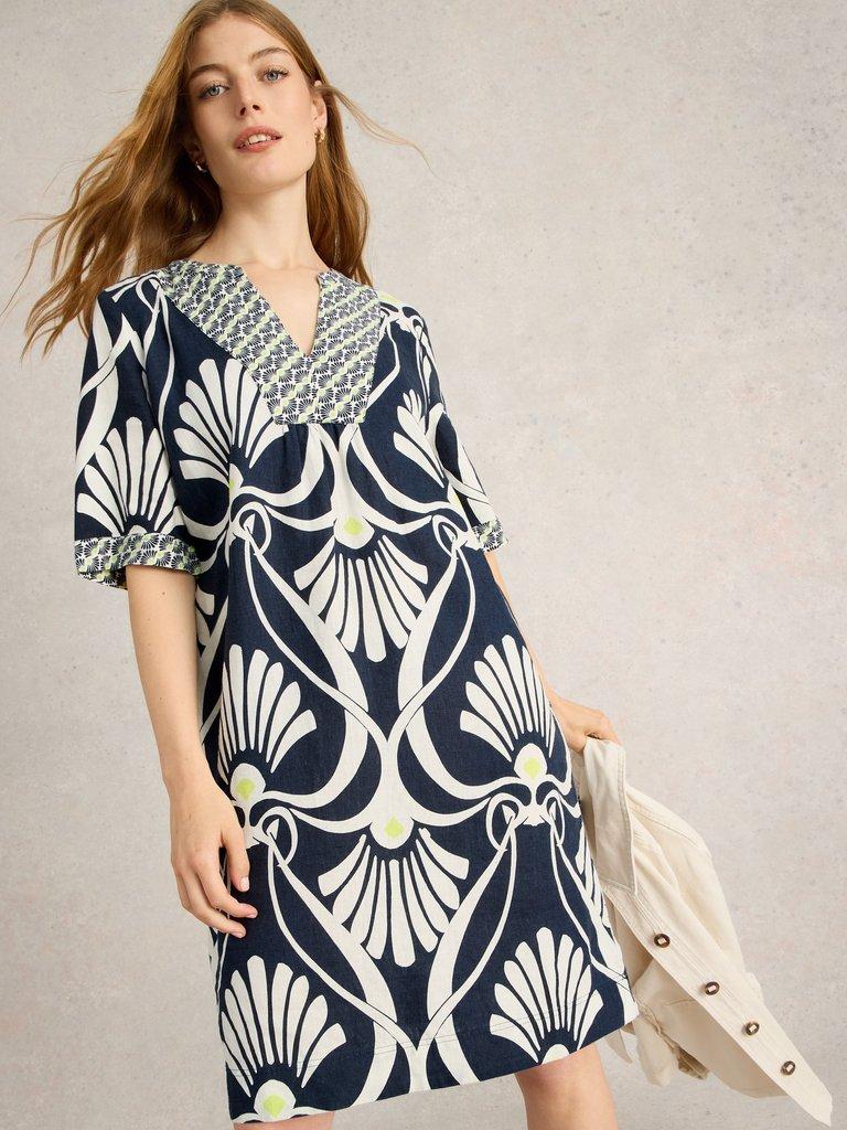 chinese dress ladies White Stuff June Linen Printed Notch Neck Dress in Natural Multi