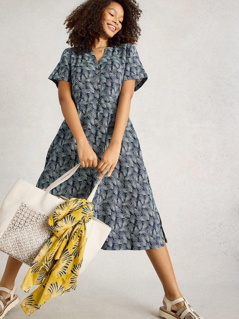 June Linen Notch Neck Dress in GREEN PRINT | White Stuff US