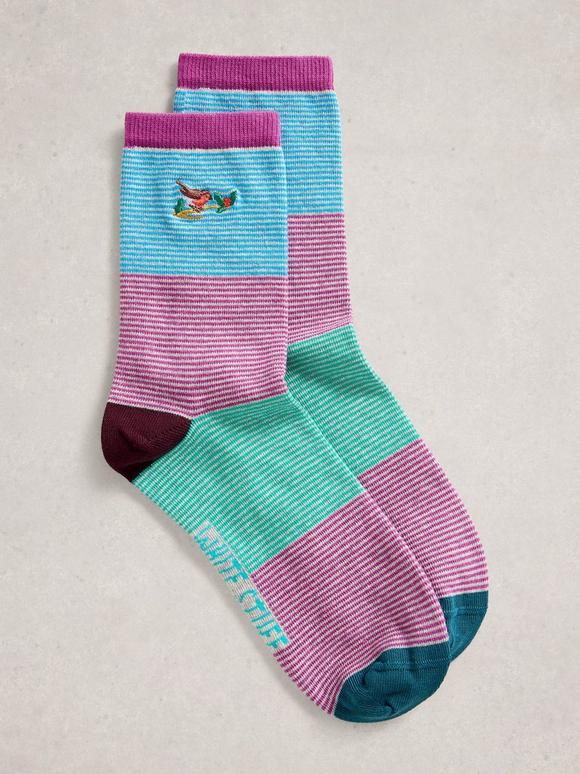 Embroidered Stripe Ankle Sock