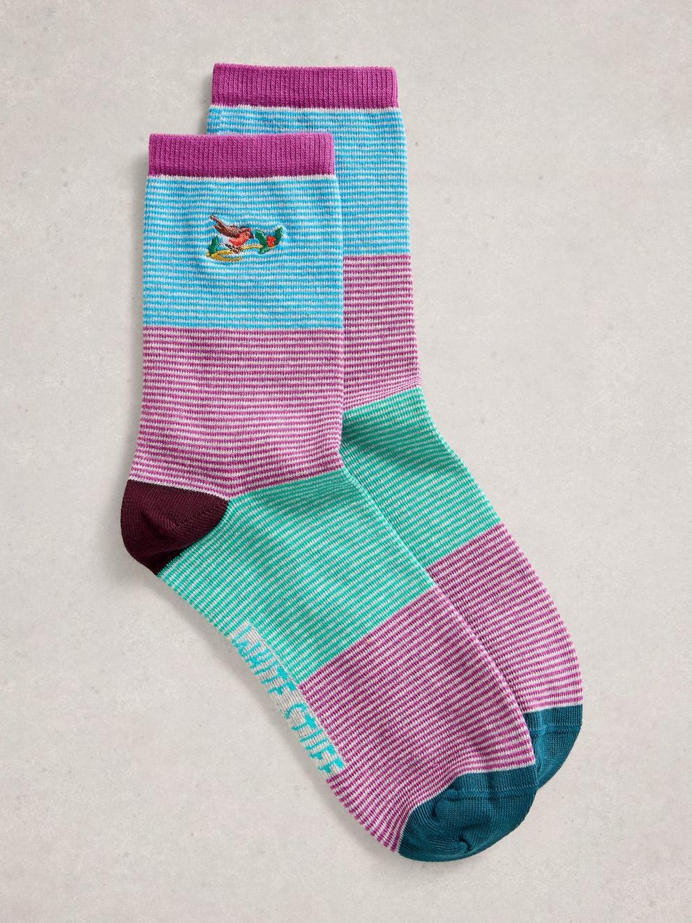 Embroidered Stripe Ankle Sock