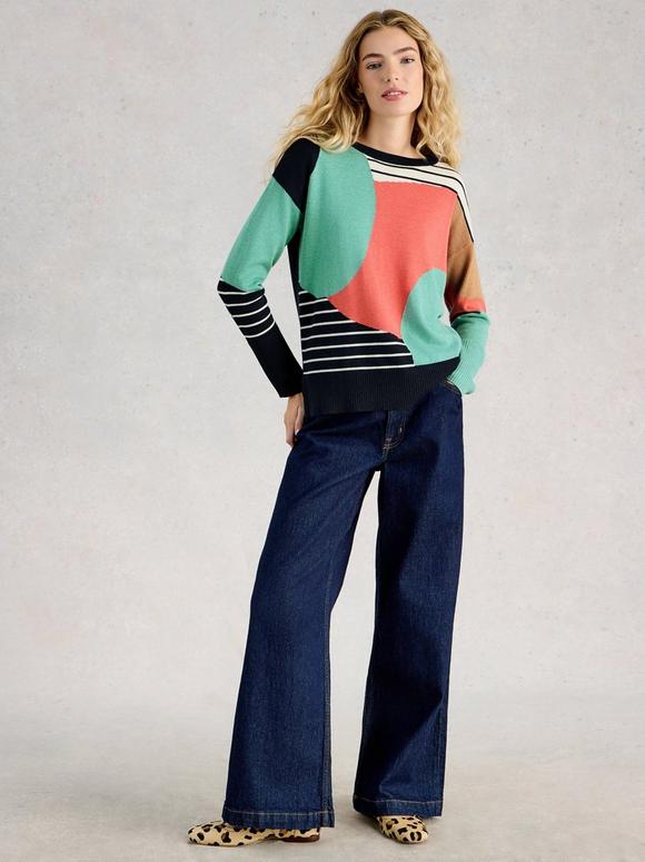 OLIVE CREW NECK ABSTRACT JUMPER