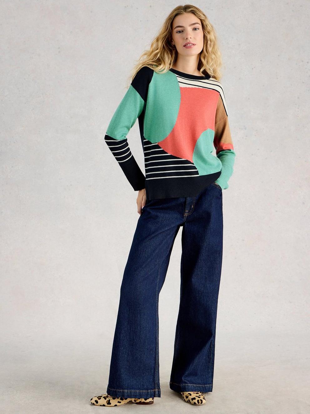 OLIVE CREW NECK ABSTRACT JUMPER