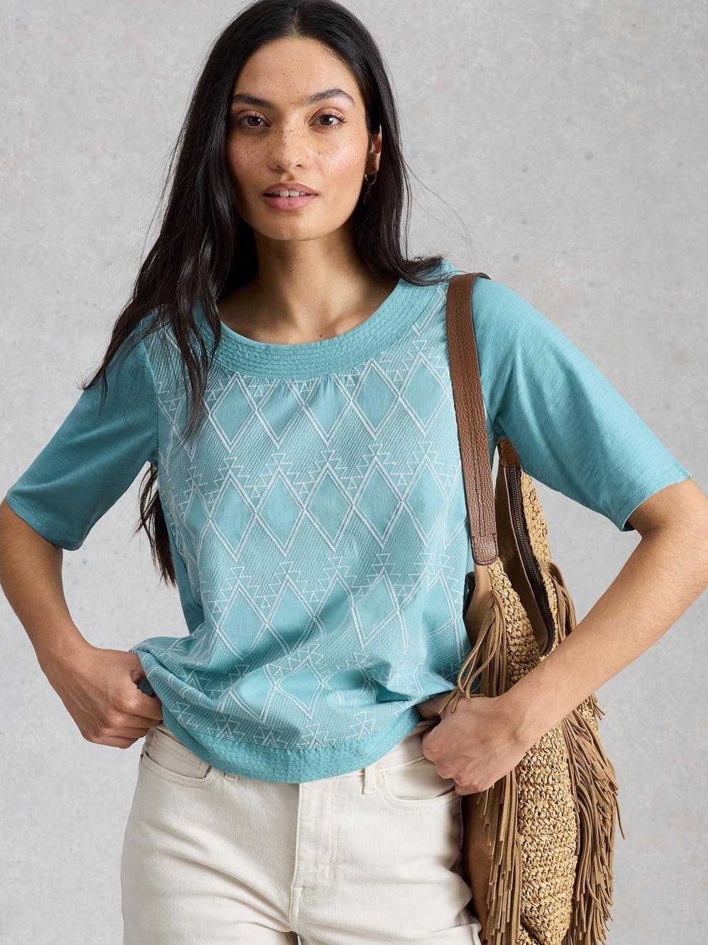 WEAVER BRODERIE NOTCH NECK TEE