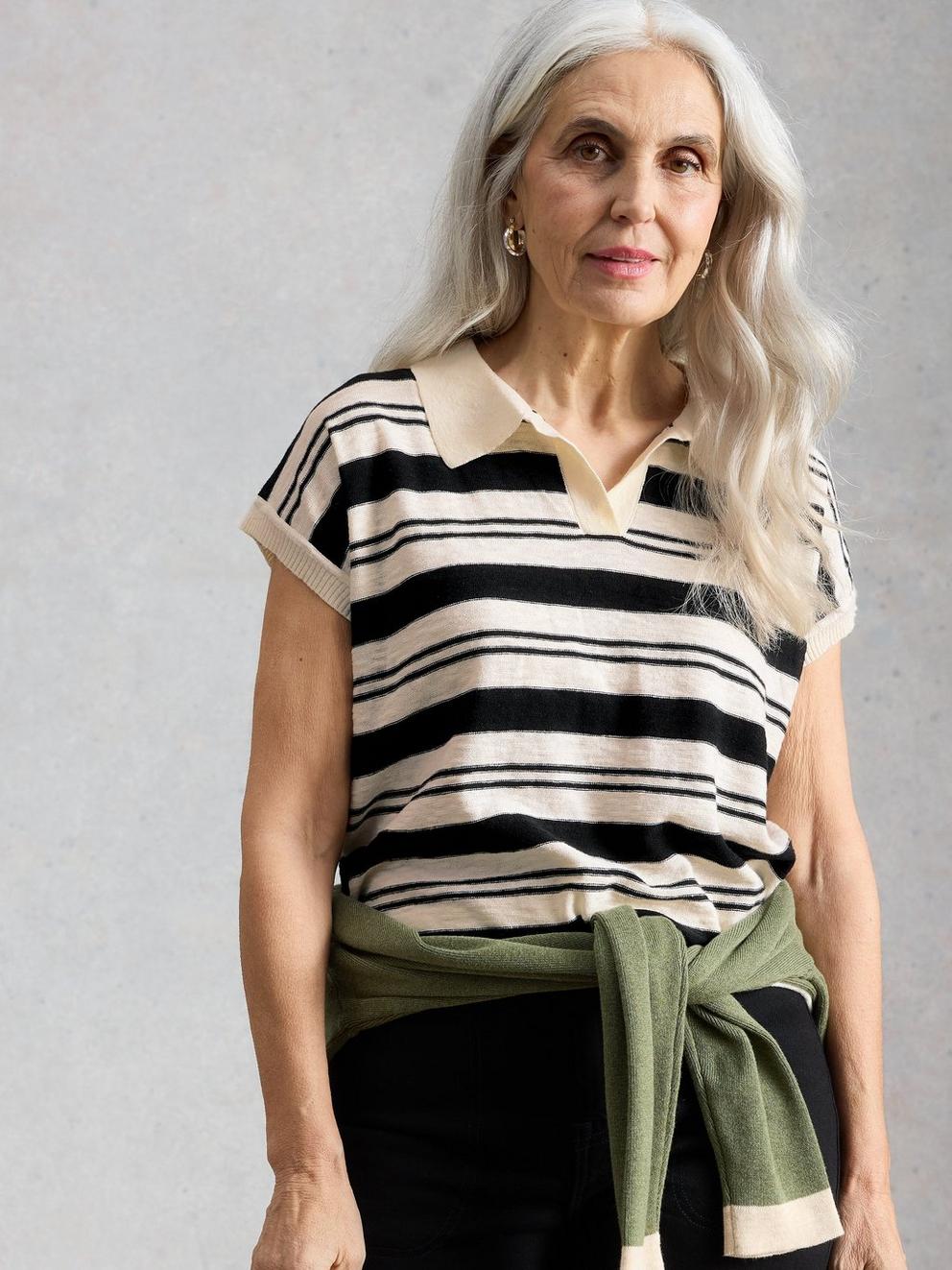 GINNI STRIPE LINEN POLO TEE