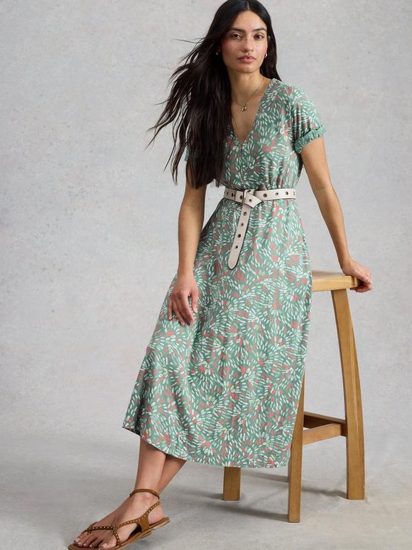 Megan Jersey Short Sleeve Midi V Neck Dress