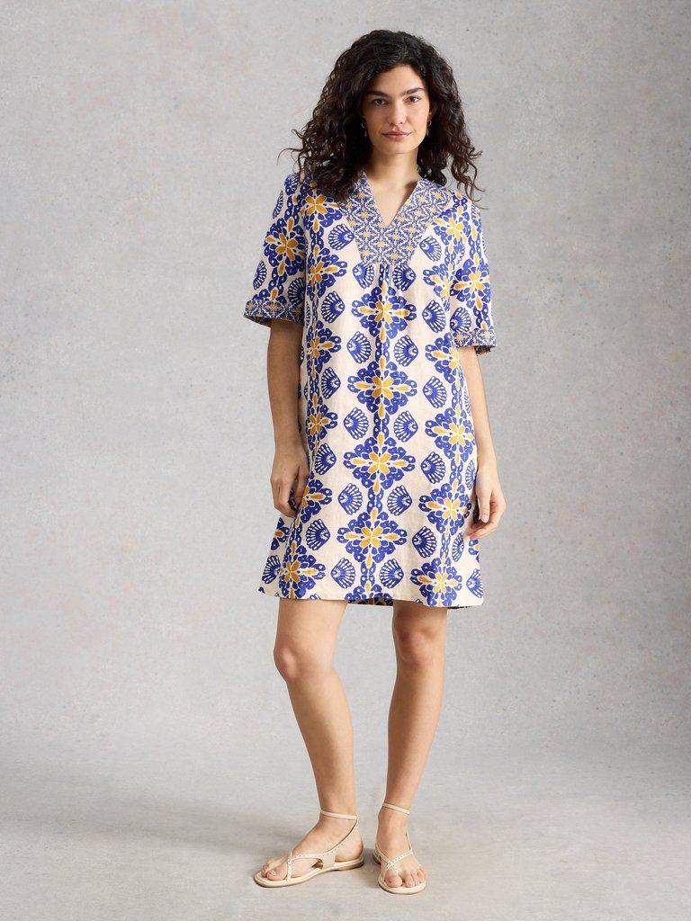 June Linen Notch Neck Dress in NAVY PRINT | White Stuff