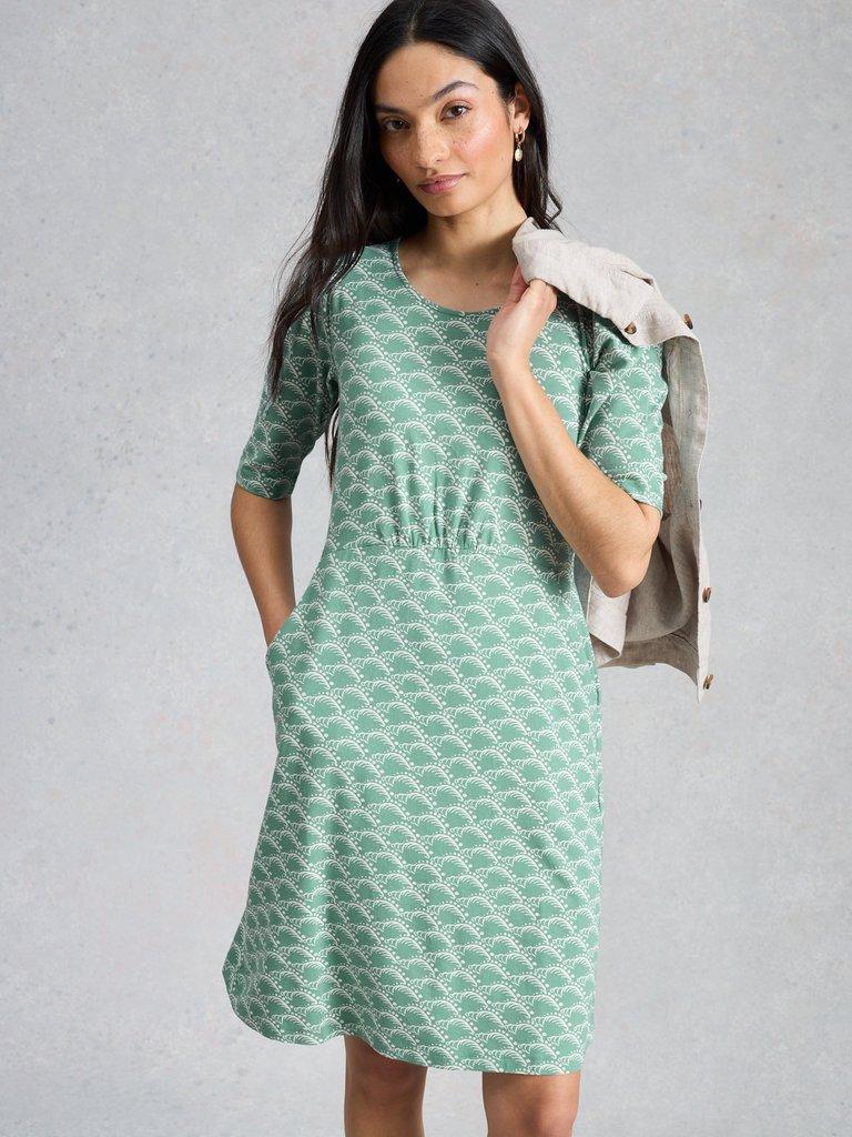 slim fit dress slacks White Stuff Lucy V Neck Midi Dress In Green Multi main image 1