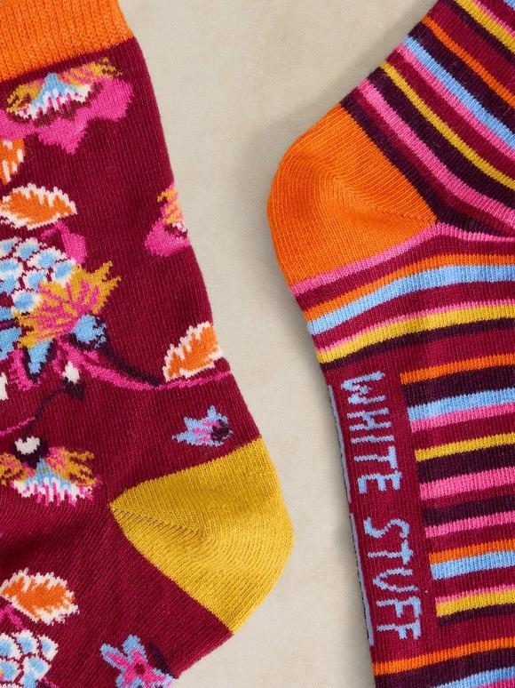 2PK STRIPE FLORAL ANKLE SOCKS