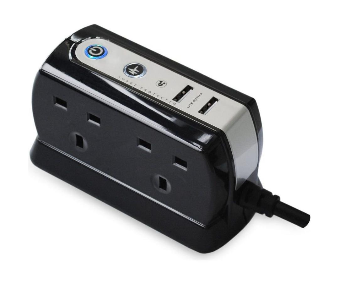 Masterplug USB Charging Surge Protected  2m Extension Lead Power Block with 4 Sockets - Black SRGDU42PB