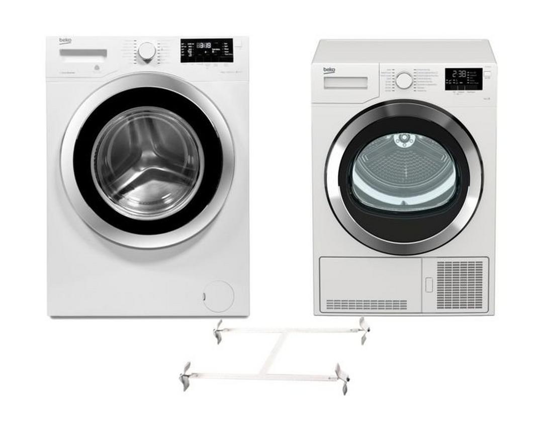 Beko 9KG 1400RPM Front Load Washing Machine + Beko 9 kg Front Loading Freestanding Condensation Dryer + Stacking Unit