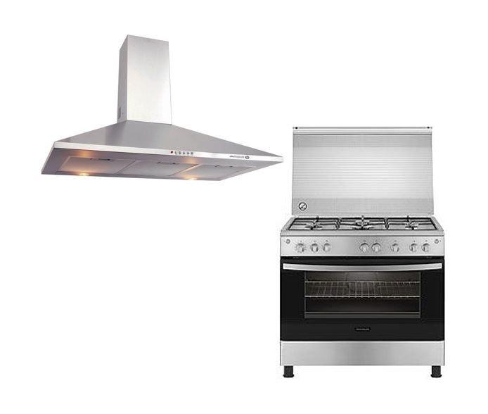 

Frigidaire 90x60cm 5 burner gas cooker + frigidaire 90cm chimney cooker hood